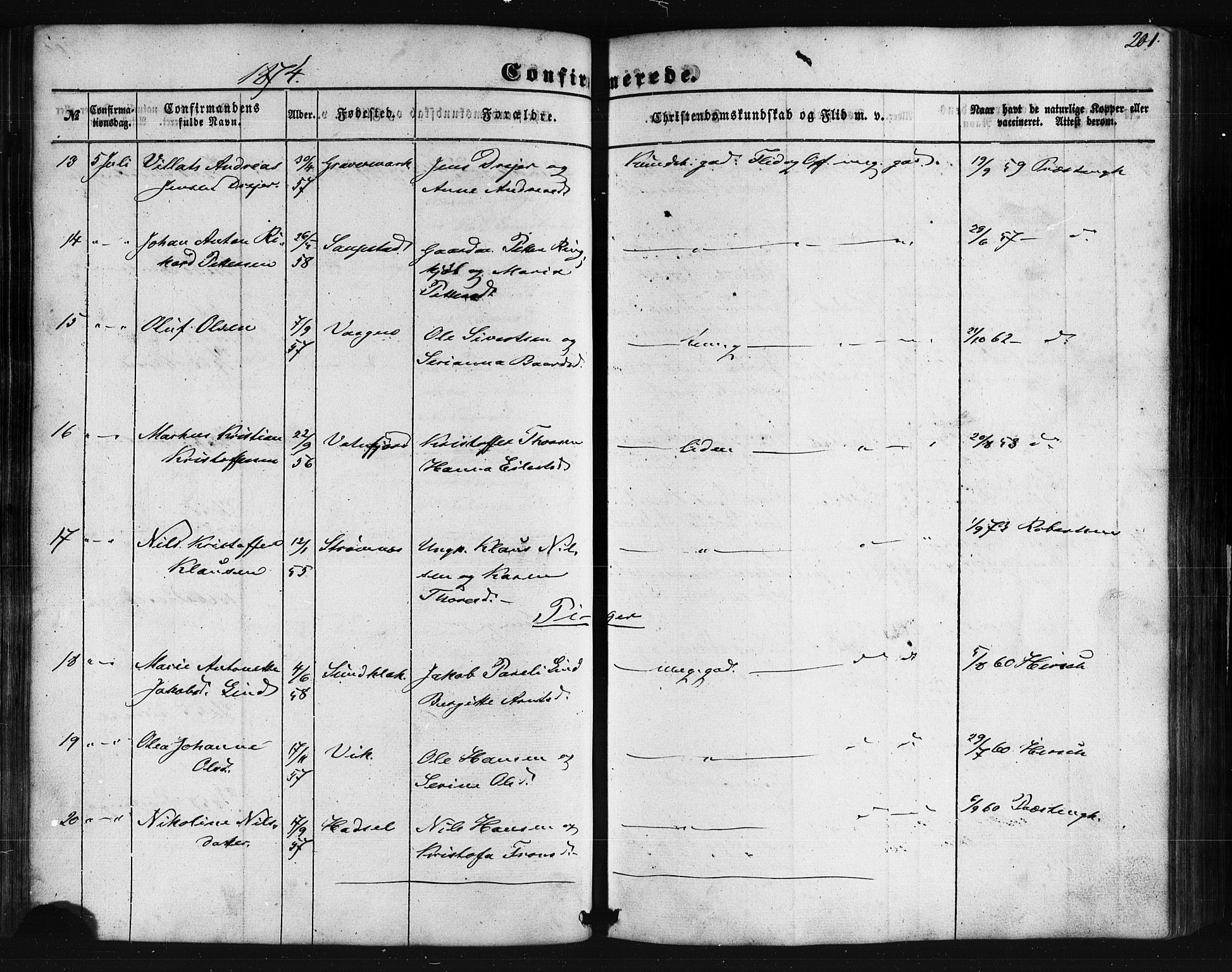 Ministerialprotokoller, klokkerbøker og fødselsregistre - Nordland, AV/SAT-A-1459/876/L1095: Ministerialbok nr. 876A01, 1863-1885, s. 201