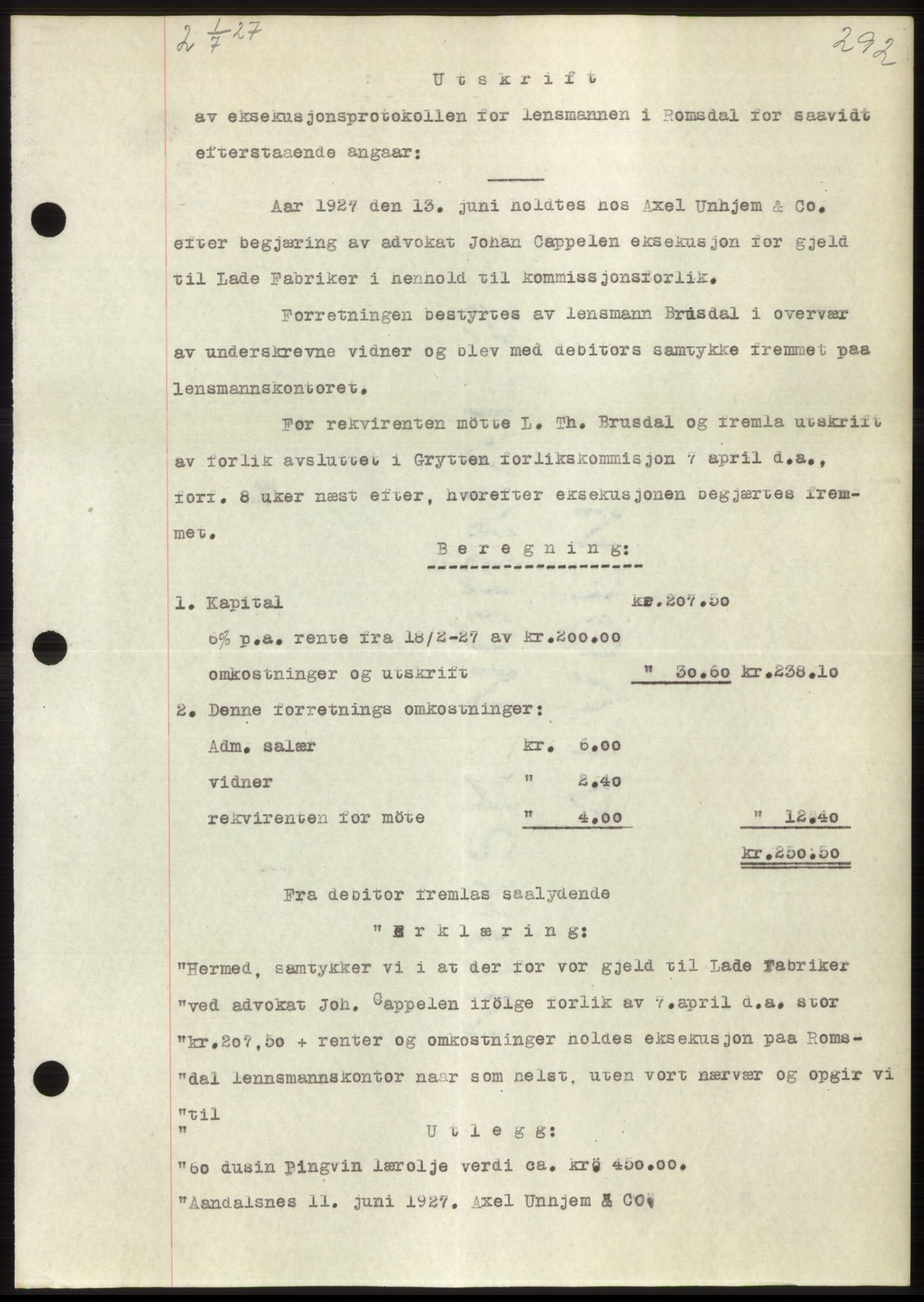 Romsdal sorenskriveri, SAT/A-4149/1/2/2C/L0052: Pantebok nr. 46, 1927-1927, Tingl.dato: 01.07.1927