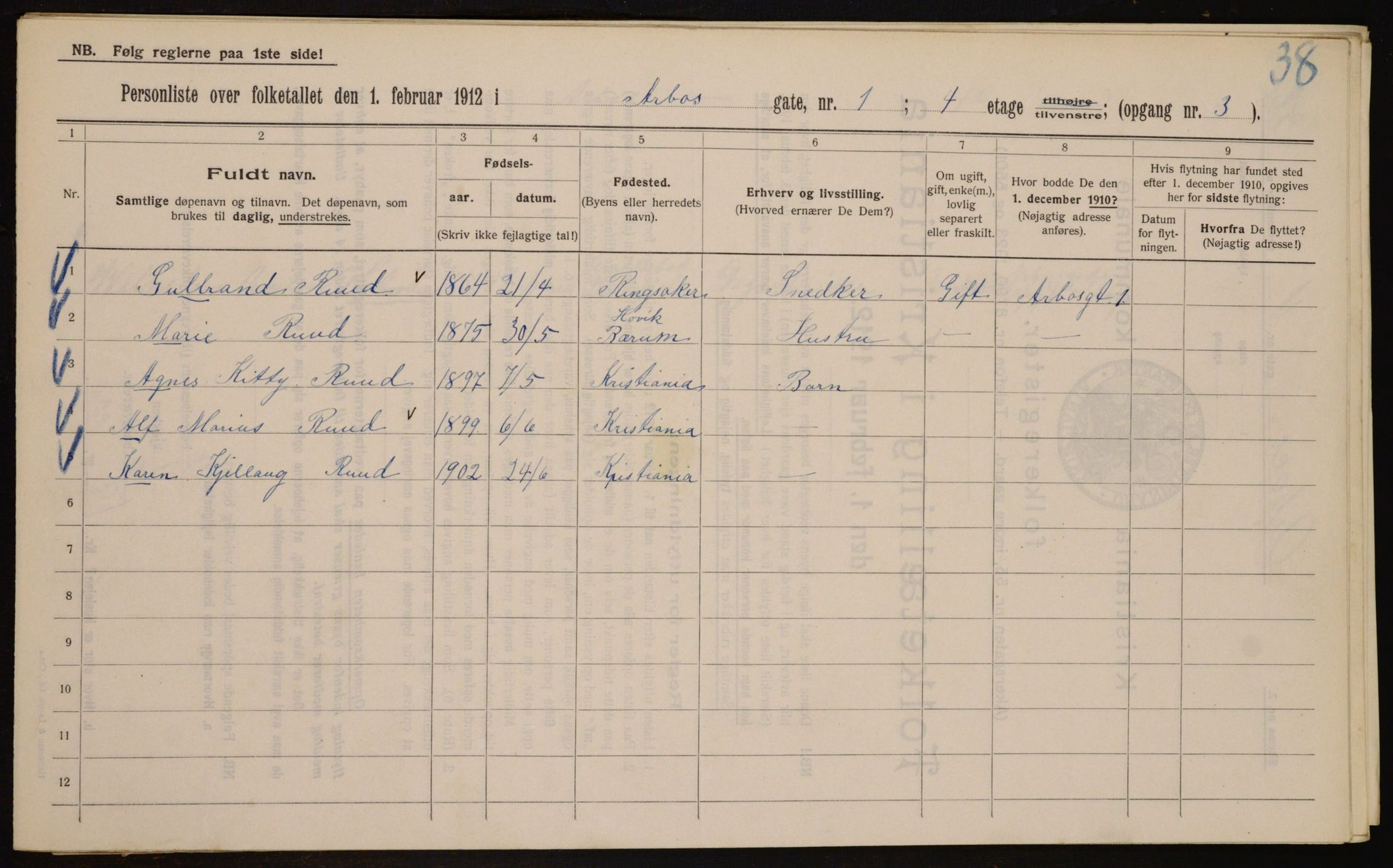 OBA, Kommunal folketelling 1.2.1912 for Kristiania, 1912, s. 1660