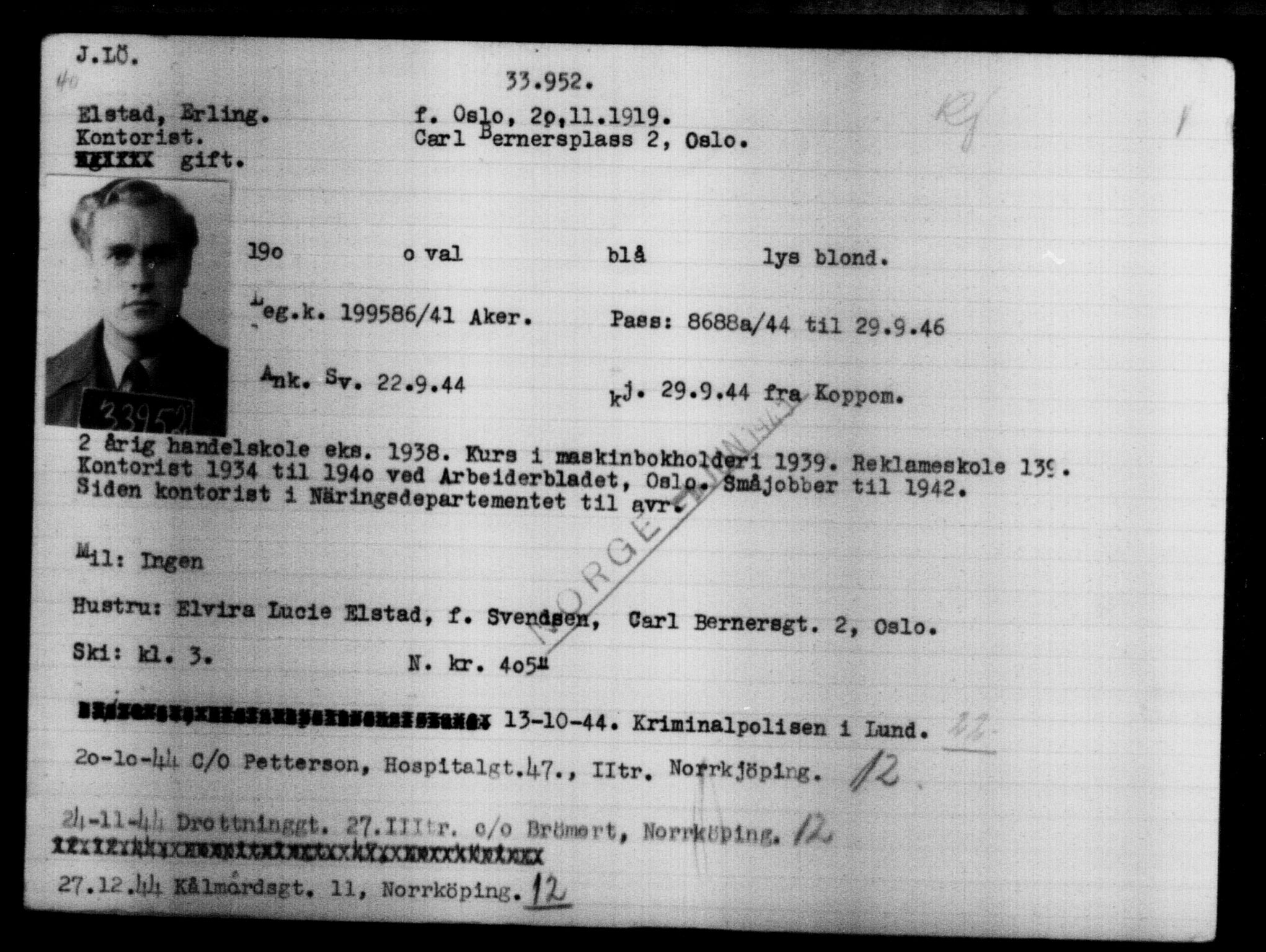 Utenriksstasjonene, Legasjonen i Stockholm, Flyktningkontoret, AV/RA-S-6753/V/Va/L0013: Kjesäterkartoteket, flyktninger med registreringsnr. 31500-34731, 1940-1945, s. 2591