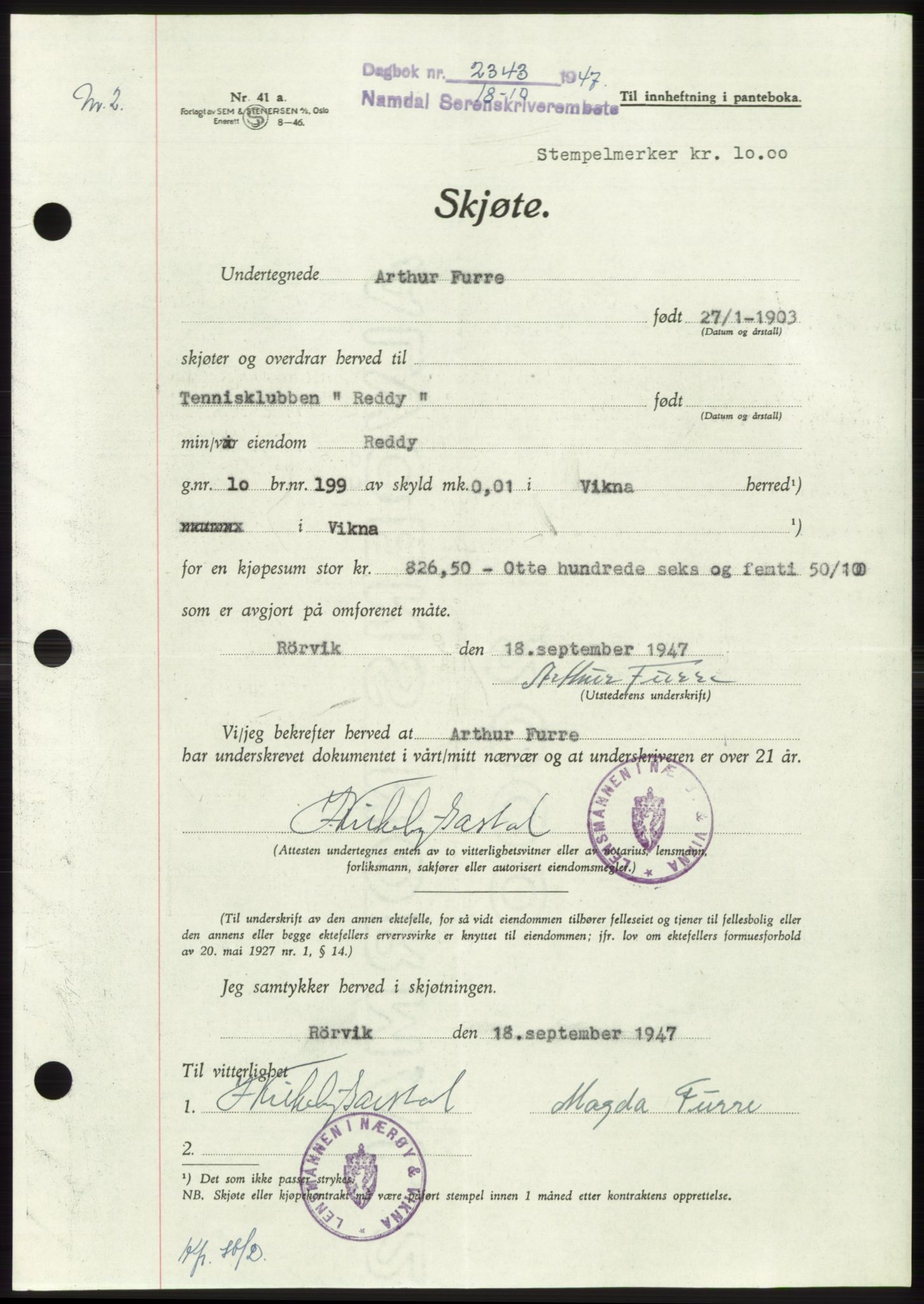 Namdal sorenskriveri, SAT/A-4133/1/2/2C: Pantebok nr. -, 1947-1947, Dagboknr: 2343/1947