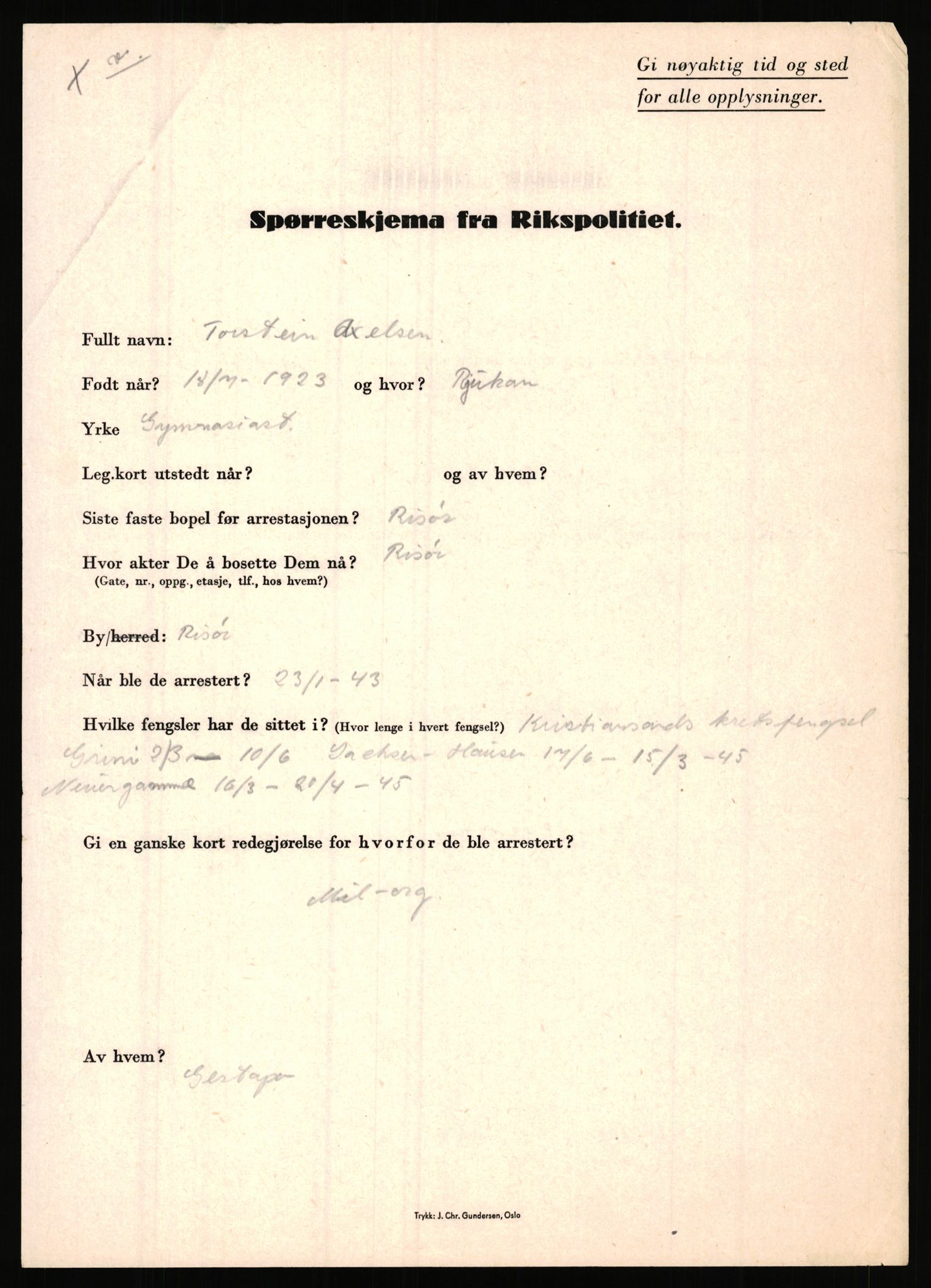 Rikspolitisjefen, AV/RA-S-1560/L/L0001: Abelseth, Rudolf - Berentsen, Odd, 1940-1945, s. 57