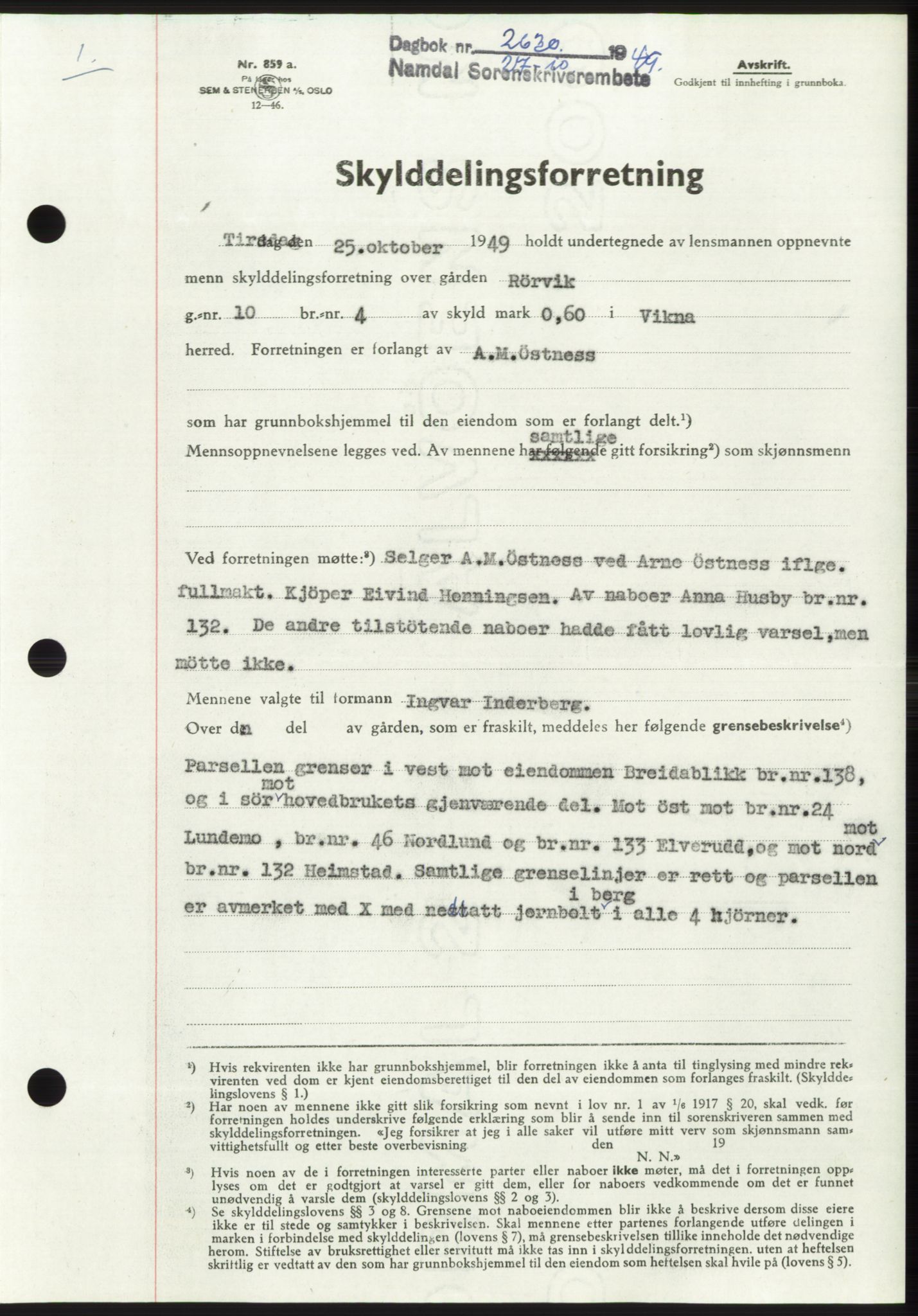 Namdal sorenskriveri, SAT/A-4133/1/2/2C: Pantebok nr. -, 1949-1949, Dagboknr: 2630/1949