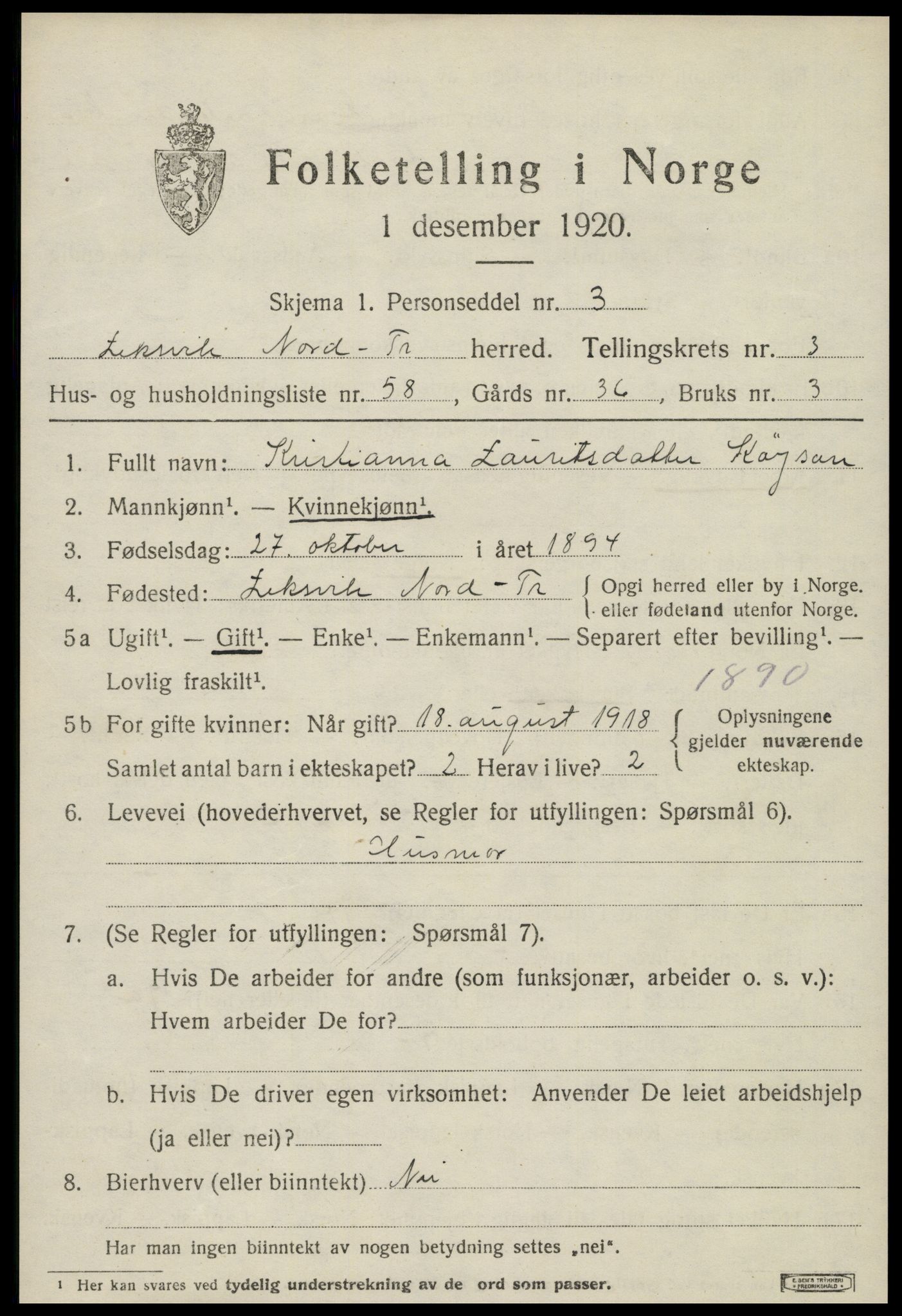 SAT, Folketelling 1920 for 1718 Leksvik herred, 1920, s. 3472