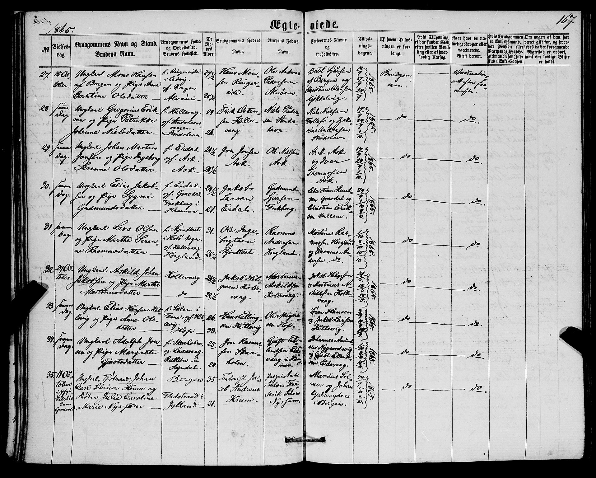 Askøy Sokneprestembete, AV/SAB-A-74101/H/Ha/Haa/Haaa/L0009: Ministerialbok nr. A 9, 1863-1877, s. 167