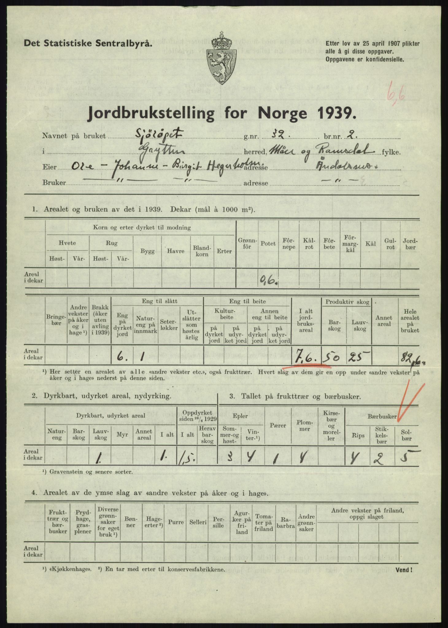 Statistisk sentralbyrå, Næringsøkonomiske emner, Jordbruk, skogbruk, jakt, fiske og fangst, AV/RA-S-2234/G/Gb/L0251: Møre og Romsdal: Voll, Eid, Grytten og Hen, 1939, s. 585