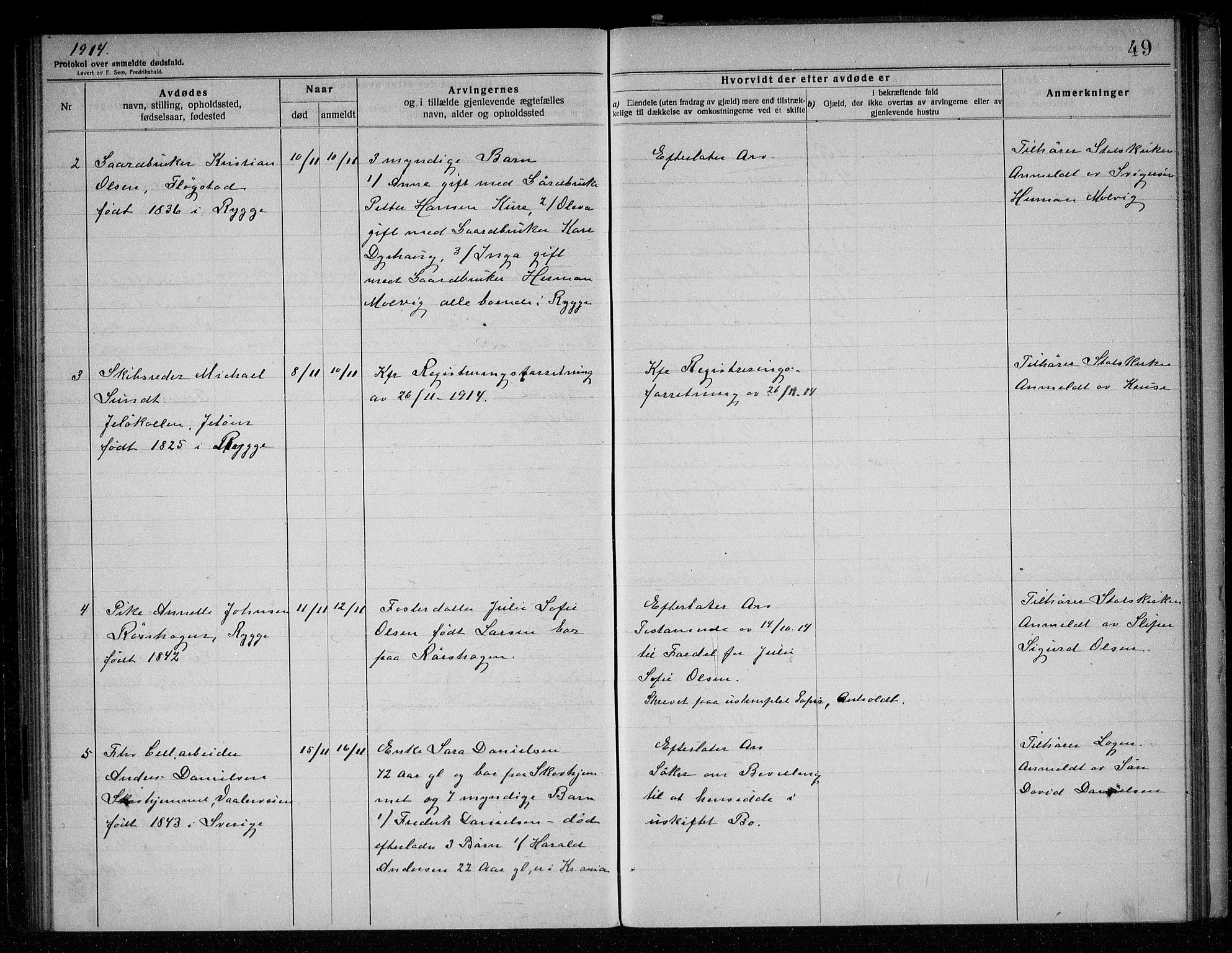 Rygge lensmannskontor, SAO/A-10005/H/Ha/Haa/L0005: Dødsfallsprotokoll, 1912-1916, s. 49