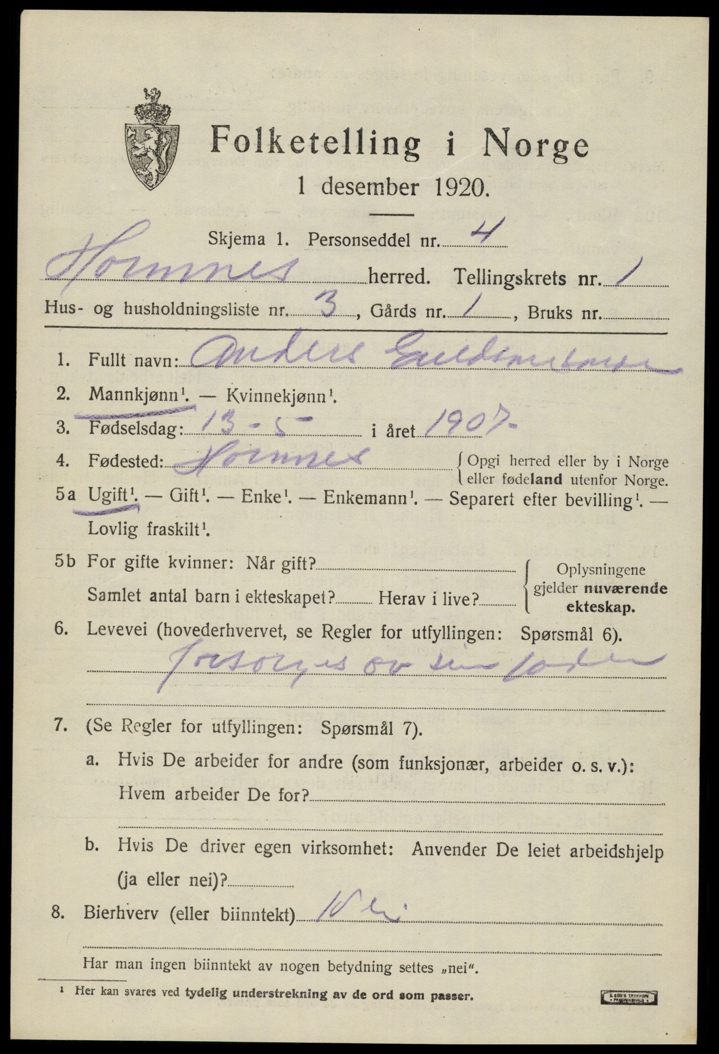 SAK, Folketelling 1920 for 0936 Hornnes herred, 1920, s. 585