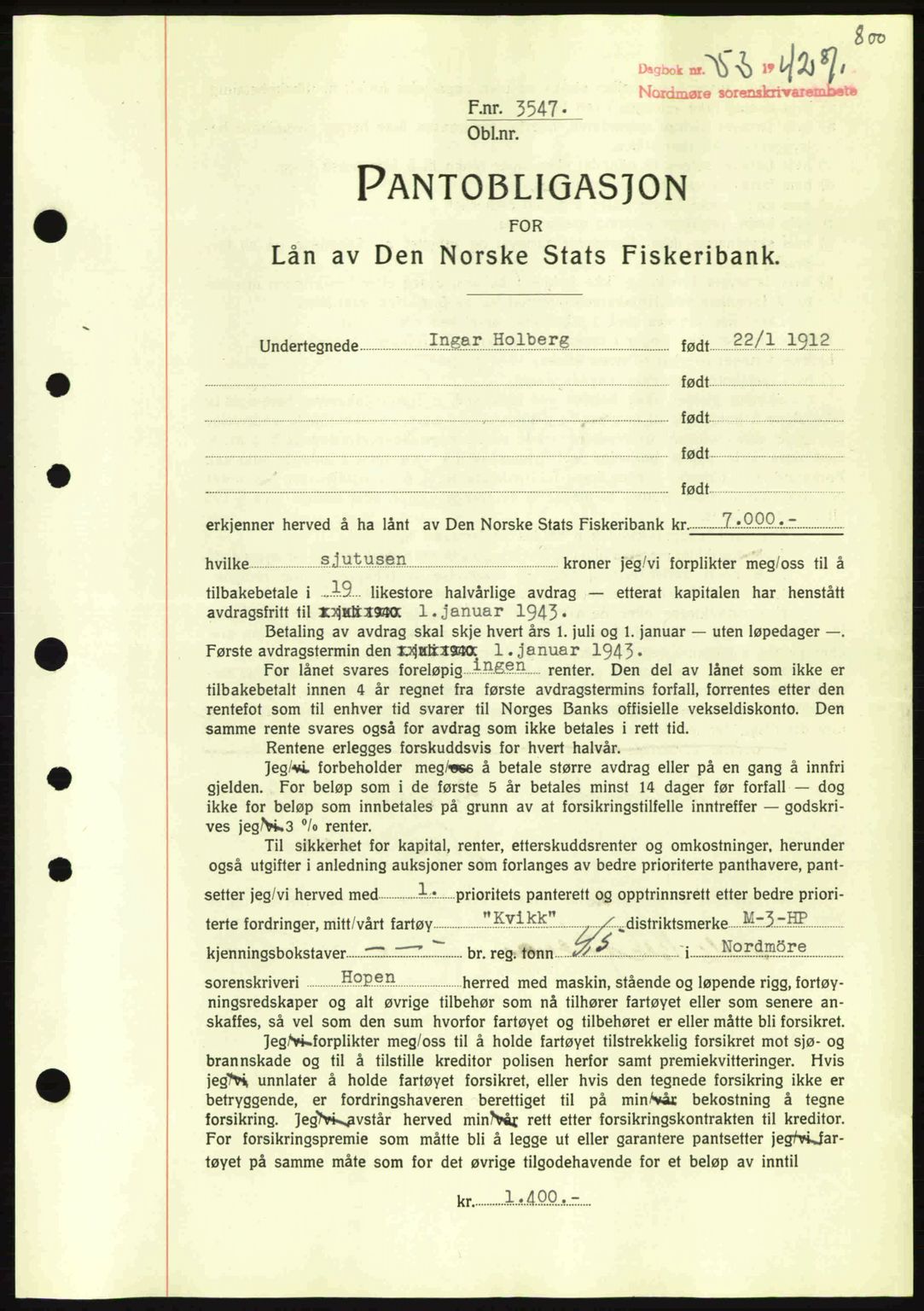 Nordmøre sorenskriveri, AV/SAT-A-4132/1/2/2Ca: Pantebok nr. B88, 1941-1942, Dagboknr: 53/1942