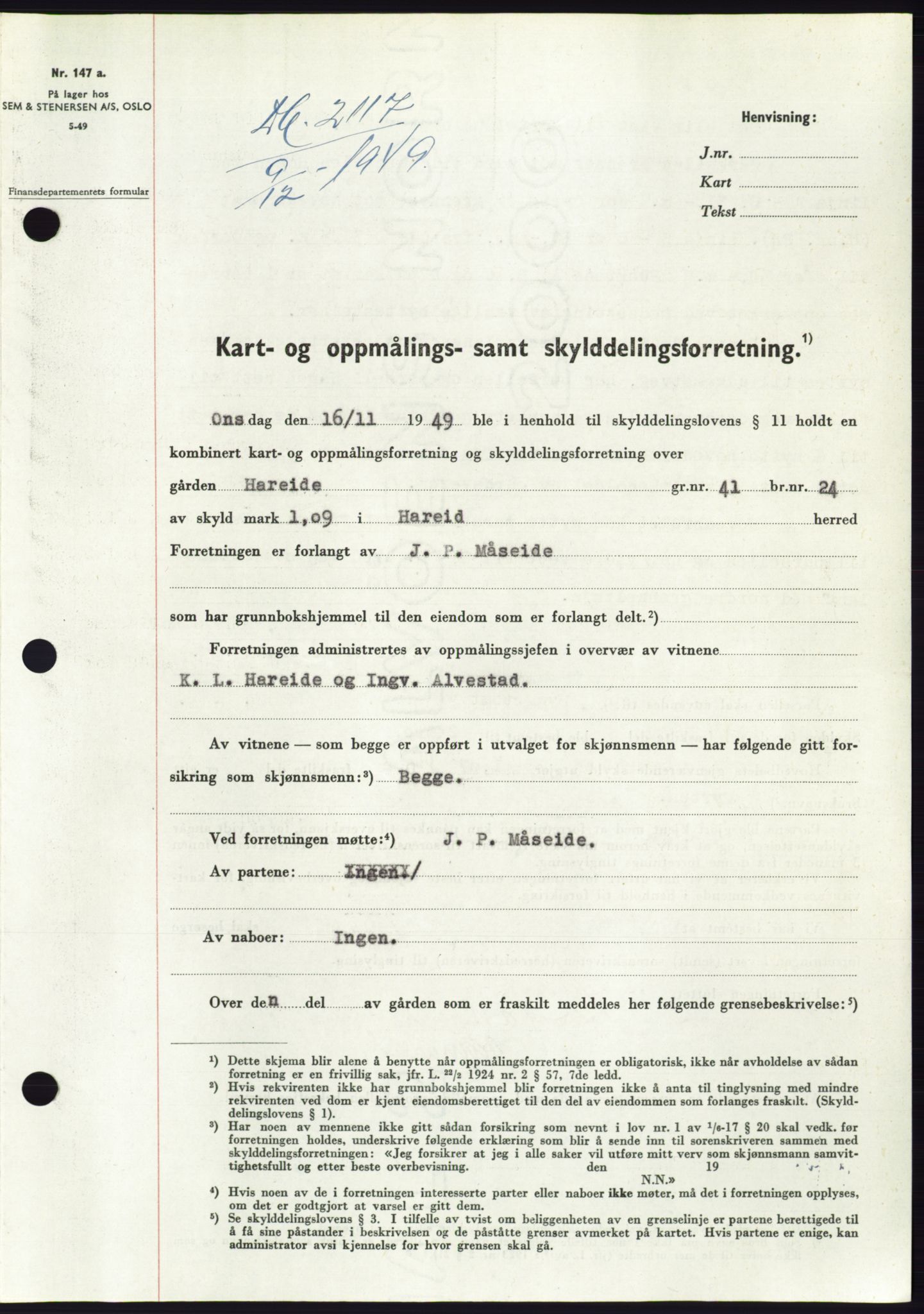 Søre Sunnmøre sorenskriveri, SAT/A-4122/1/2/2C/L0085: Pantebok nr. 11A, 1949-1949, Dagboknr: 2117/1949