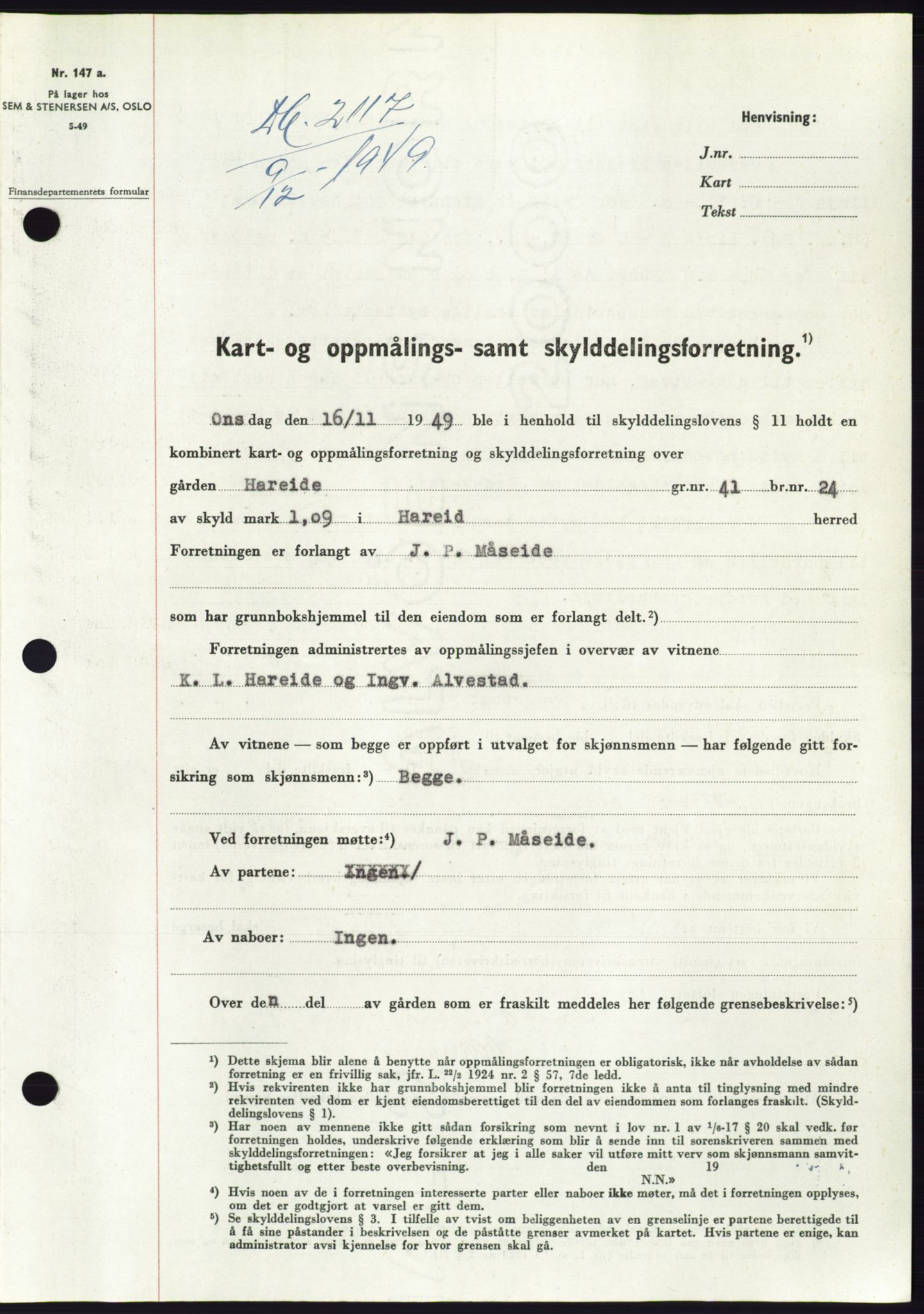 Søre Sunnmøre sorenskriveri, AV/SAT-A-4122/1/2/2C/L0085: Pantebok nr. 11A, 1949-1949, Dagboknr: 2117/1949