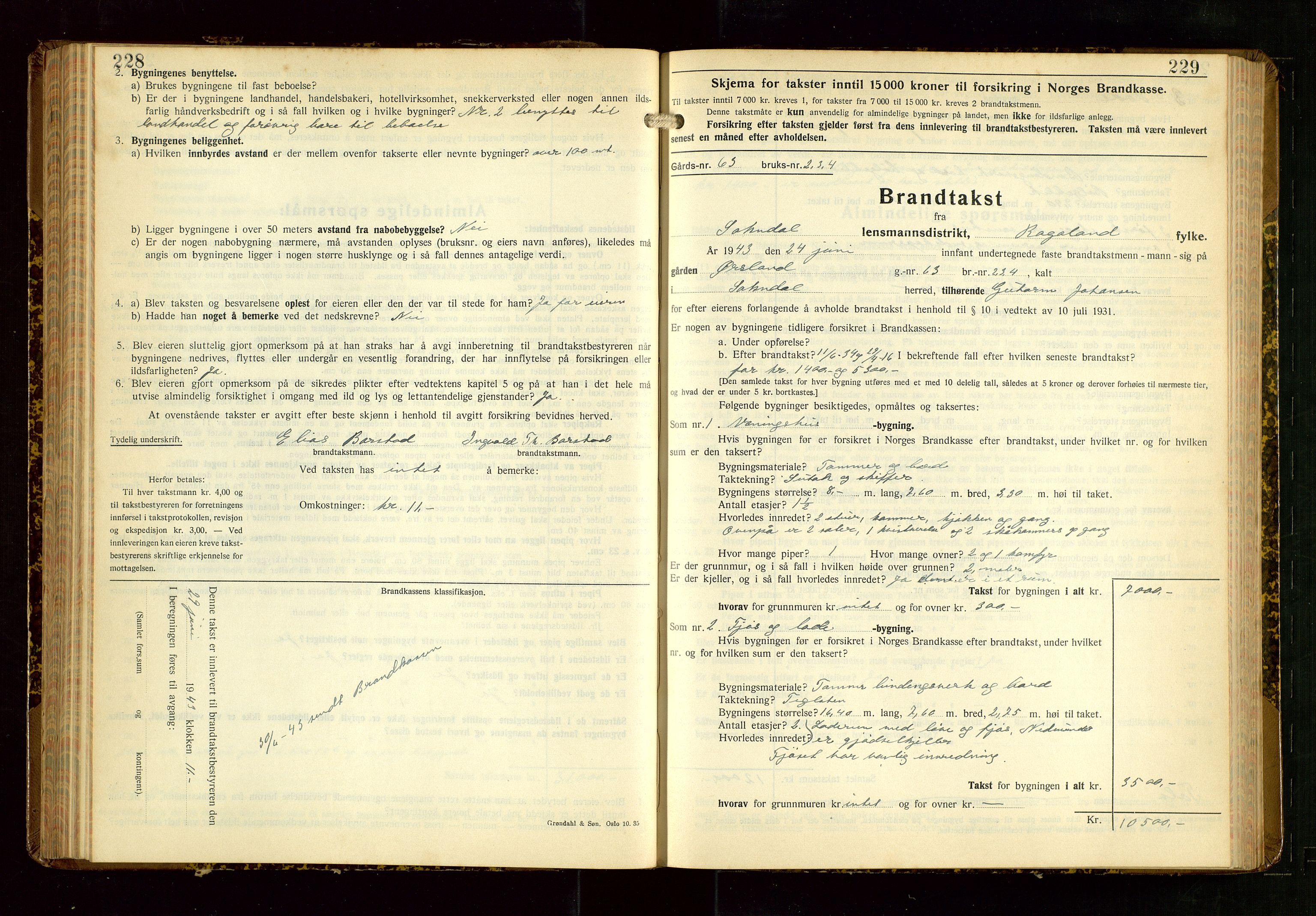 Sokndal lensmannskontor, AV/SAST-A-100417/Gob/L0008: "Brandtakst-Protokoll", 1937-1955, s. 228-229