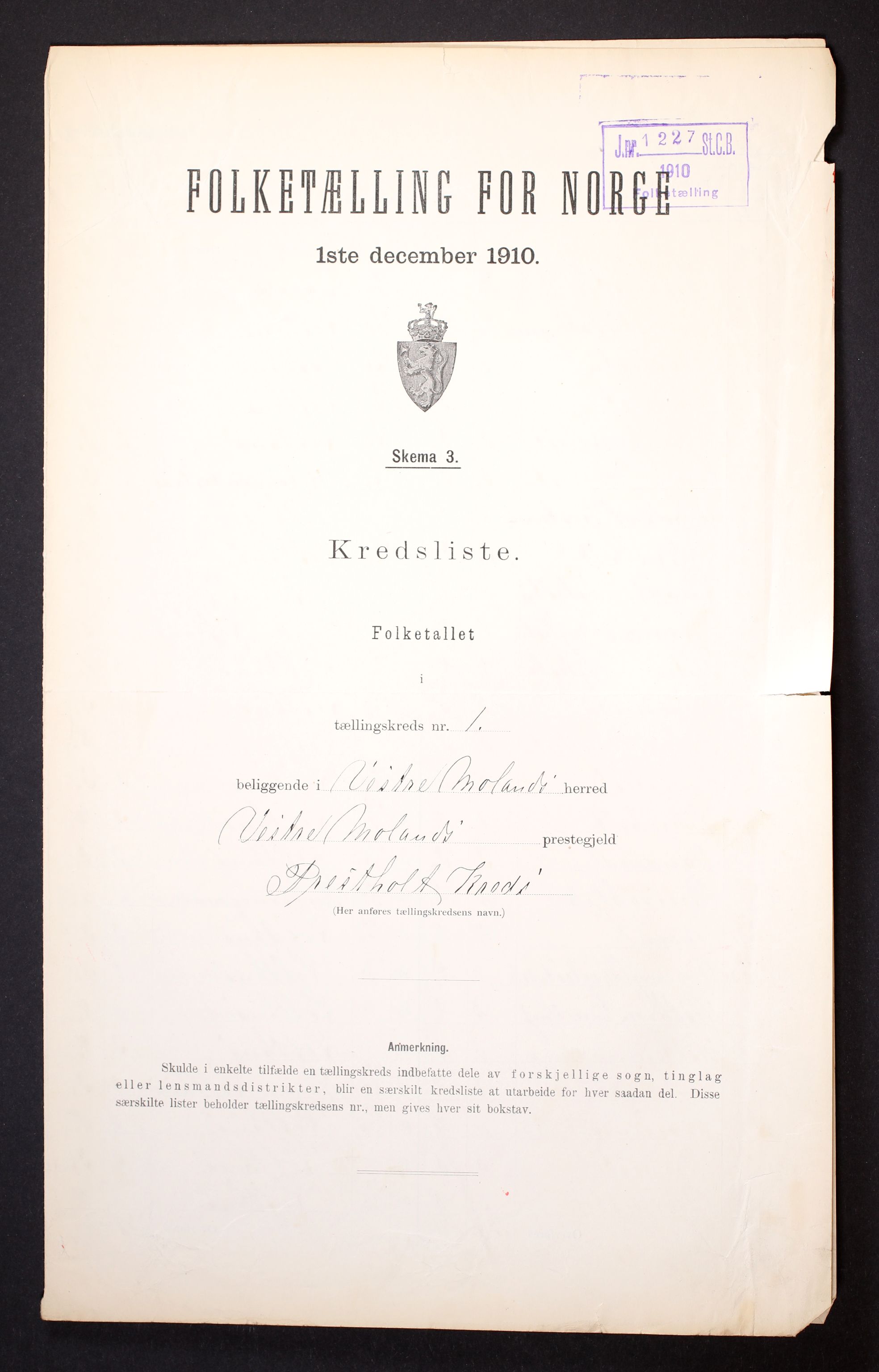RA, Folketelling 1910 for 0926 Vestre Moland herred, 1910, s. 4