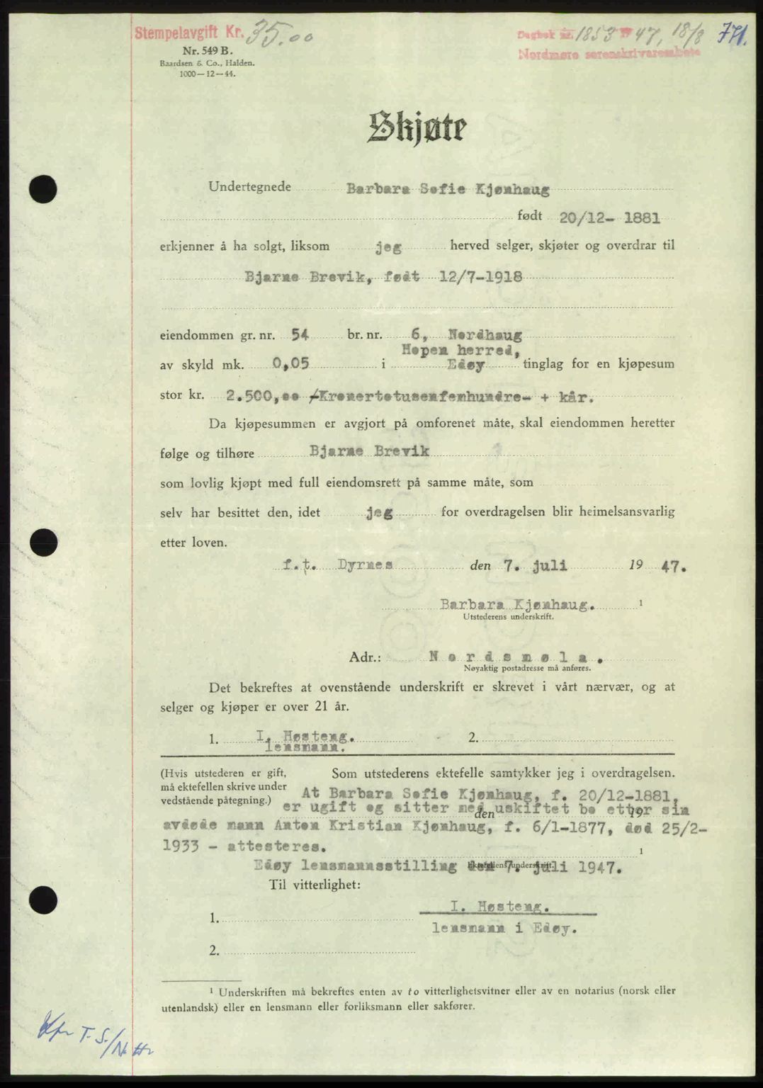 Nordmøre sorenskriveri, AV/SAT-A-4132/1/2/2Ca: Pantebok nr. A105, 1947-1947, Dagboknr: 1853/1947