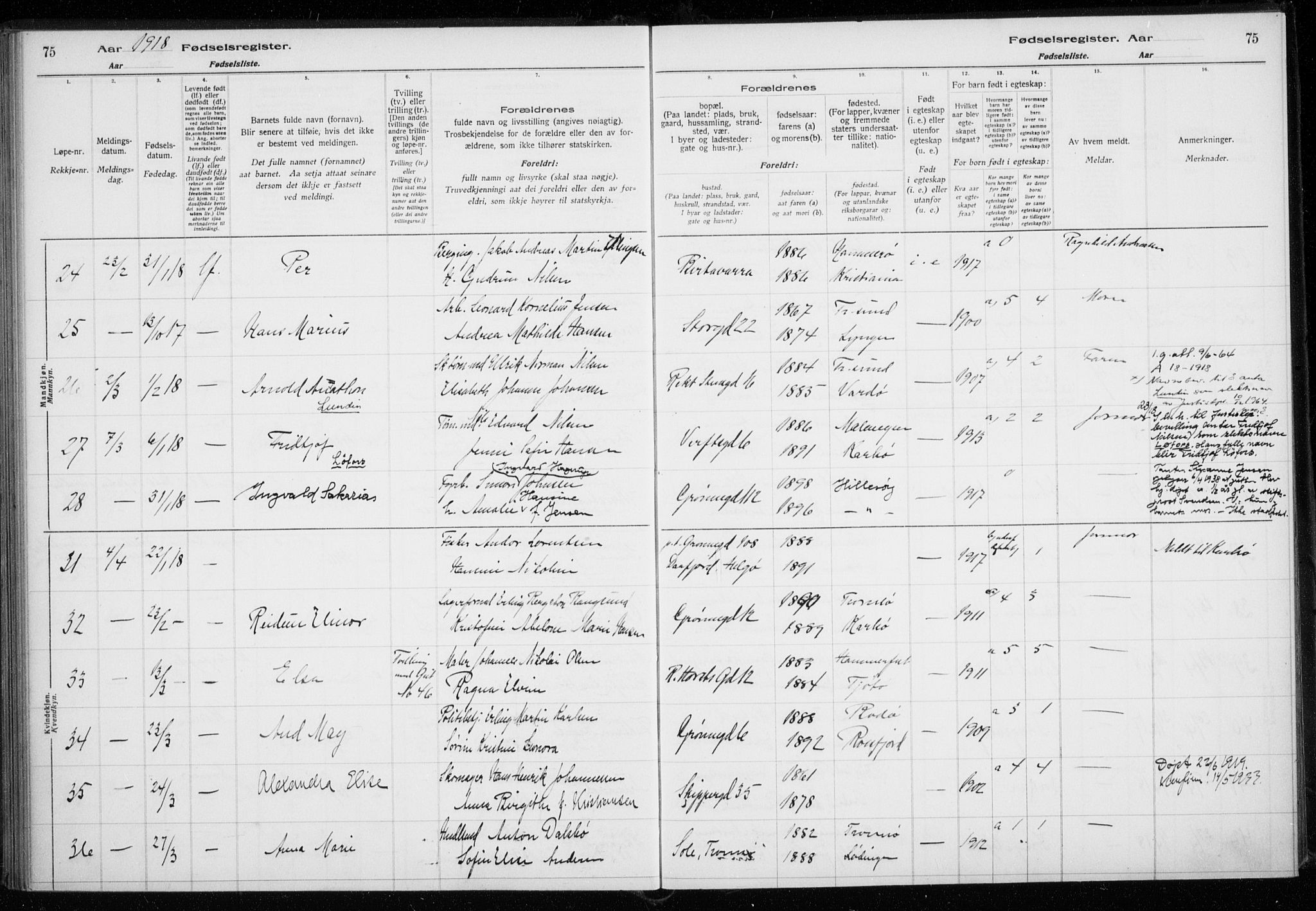 Tromsø sokneprestkontor/stiftsprosti/domprosti, AV/SATØ-S-1343/H/Ha/L0131: Fødselsregister nr. 131, 1916-1921, s. 75