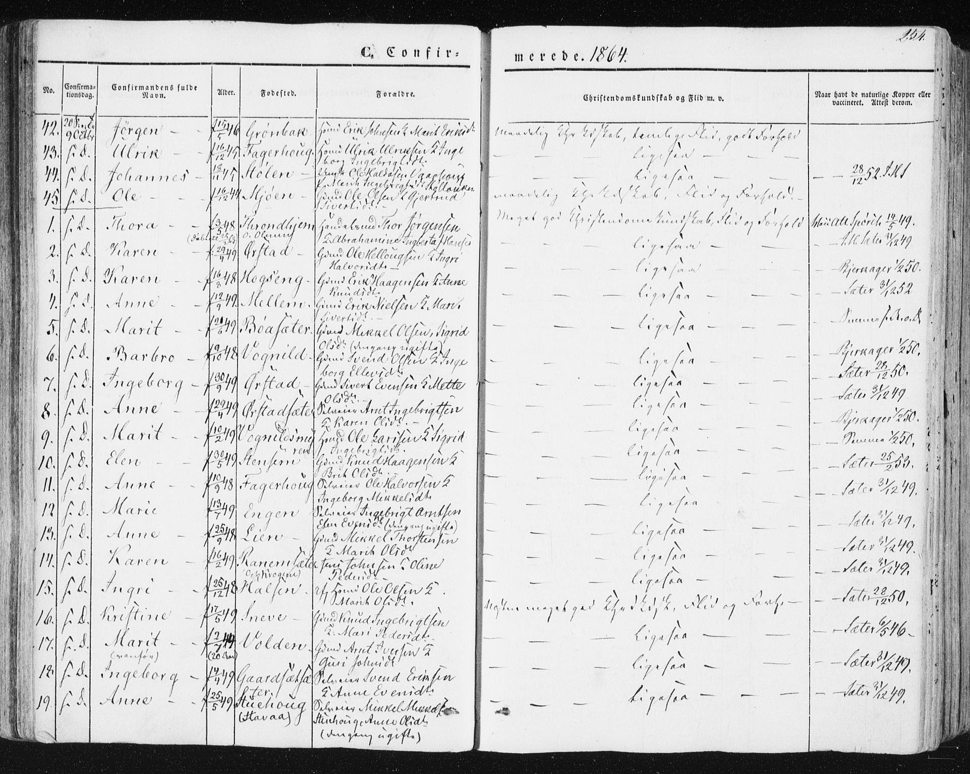 Ministerialprotokoller, klokkerbøker og fødselsregistre - Sør-Trøndelag, SAT/A-1456/678/L0899: Ministerialbok nr. 678A08, 1848-1872, s. 254