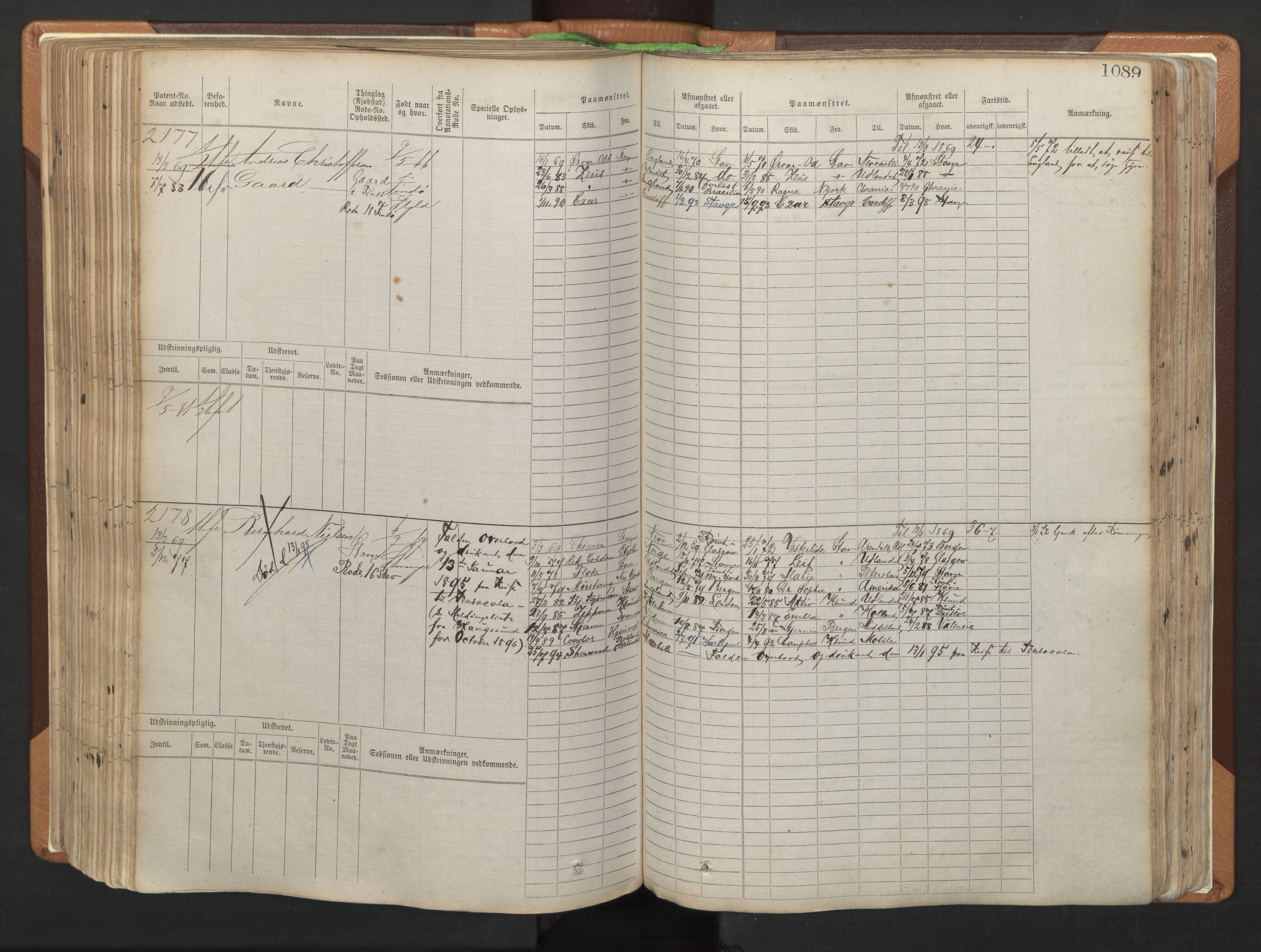 Stavanger sjømannskontor, AV/SAST-A-102006/F/Fb/Fbb/L0006: Sjøfartshovedrulle, patentnr. 1607-2402 (del 3), 1869-1880, s. 289