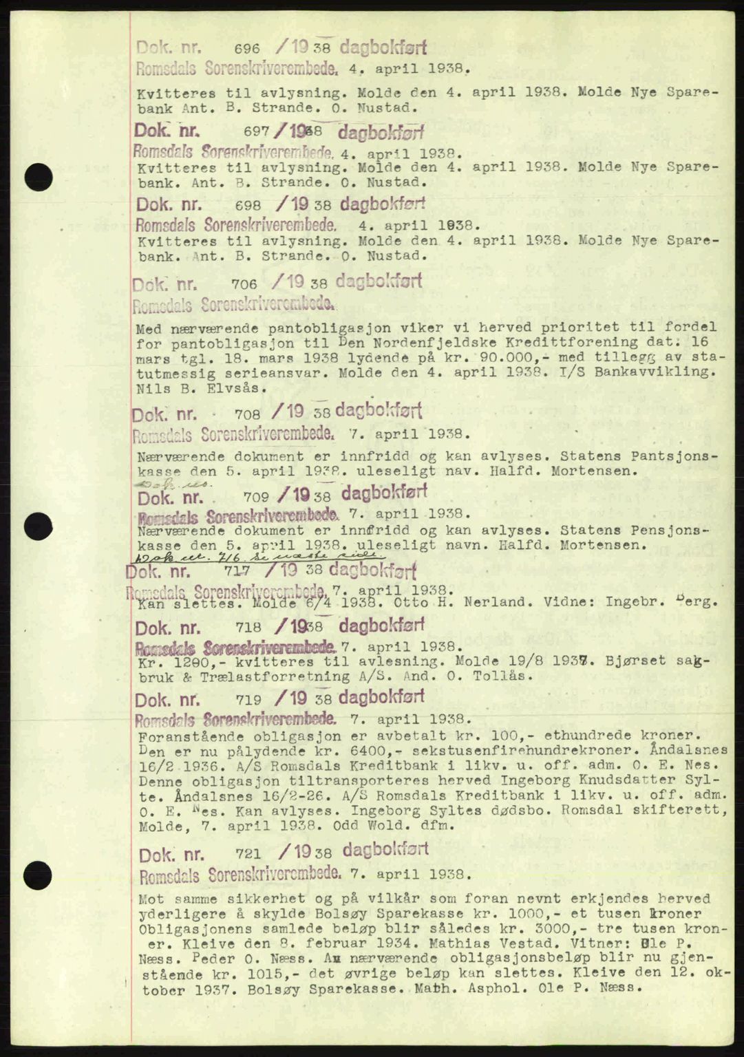 Romsdal sorenskriveri, AV/SAT-A-4149/1/2/2C: Pantebok nr. C1a, 1936-1945, Dagboknr: 696/1938