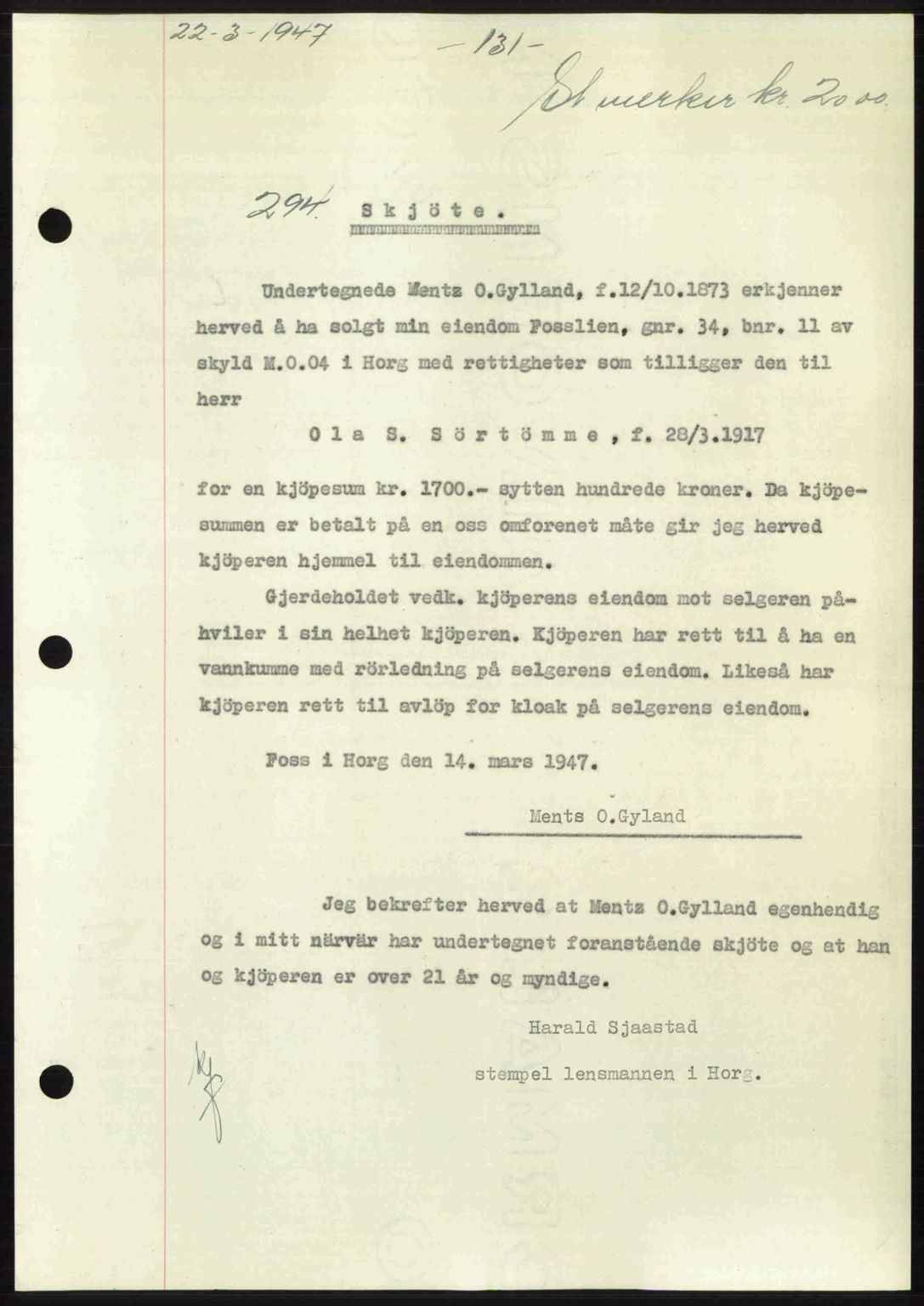 Gauldal sorenskriveri, SAT/A-0014/1/2/2C: Pantebok nr. A3, 1947-1947, Dagboknr: 294/1947