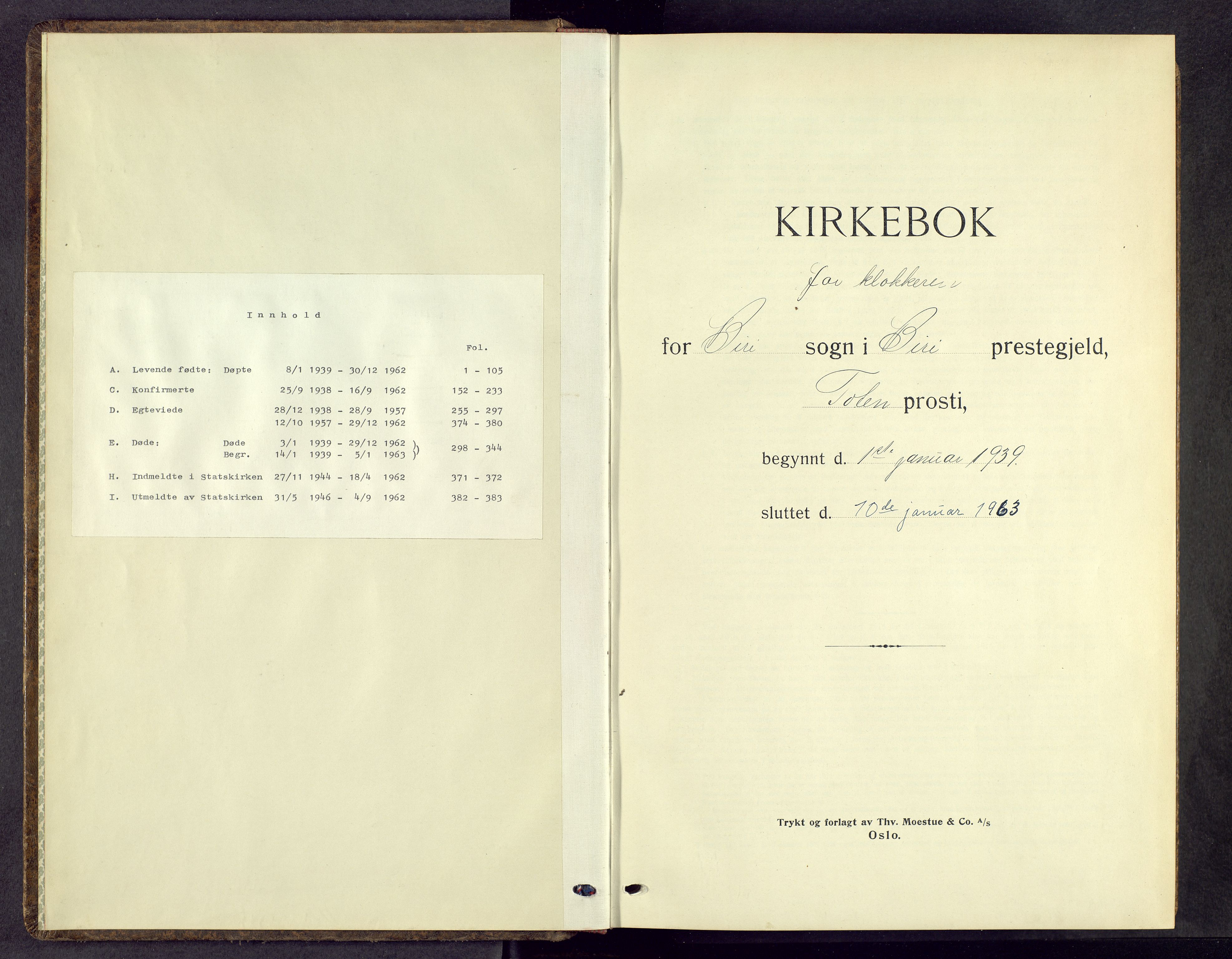 Biri prestekontor, SAH/PREST-096/H/Ha/Hab/L0008: Klokkerbok nr. 8, 1939-1962