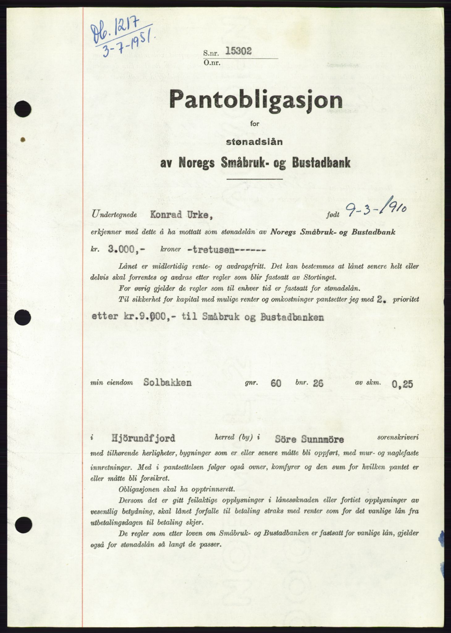 Søre Sunnmøre sorenskriveri, SAT/A-4122/1/2/2C/L0120: Pantebok nr. 8B, 1951-1951, Dagboknr: 1217/1951