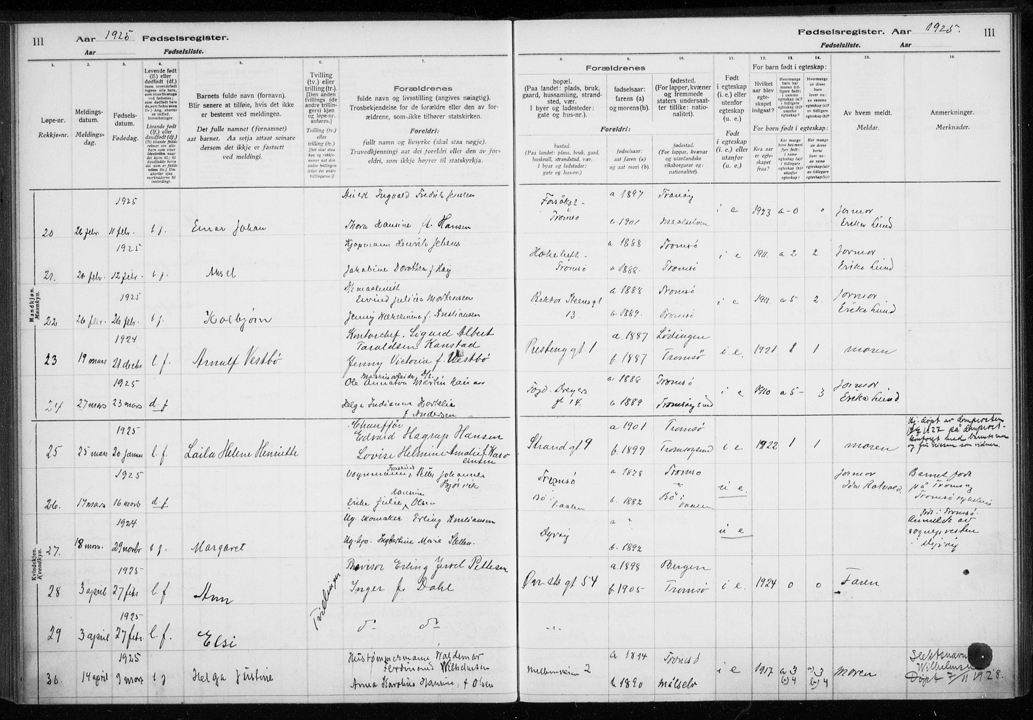 Tromsø sokneprestkontor/stiftsprosti/domprosti, AV/SATØ-S-1343/H/Ha/L0132: Fødselsregister nr. 132, 1921-1927, s. 111