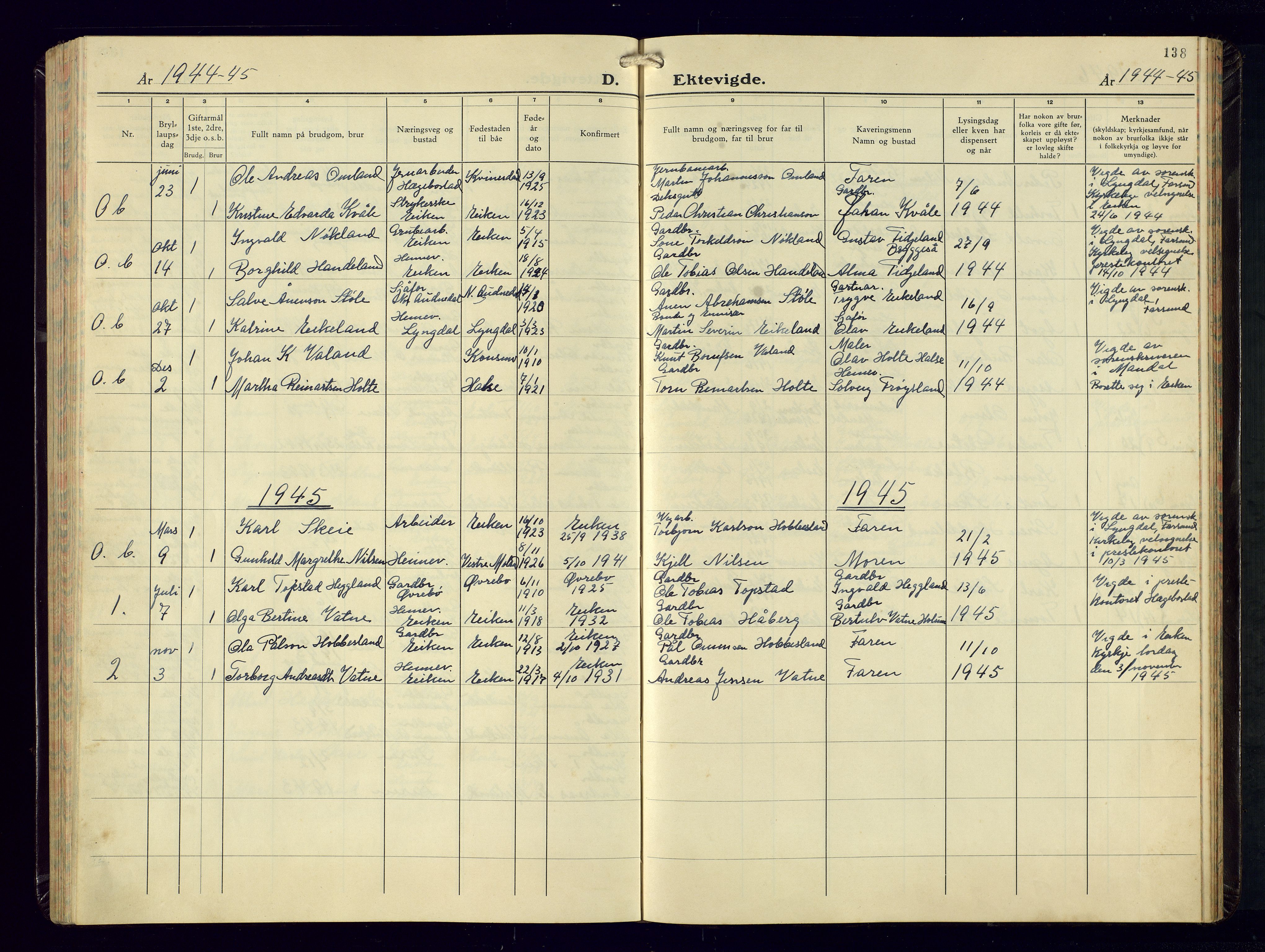 Hægebostad sokneprestkontor, SAK/1111-0024/F/Fb/Fbb/L0004: Klokkerbok nr. B-4, 1938-1976, s. 138