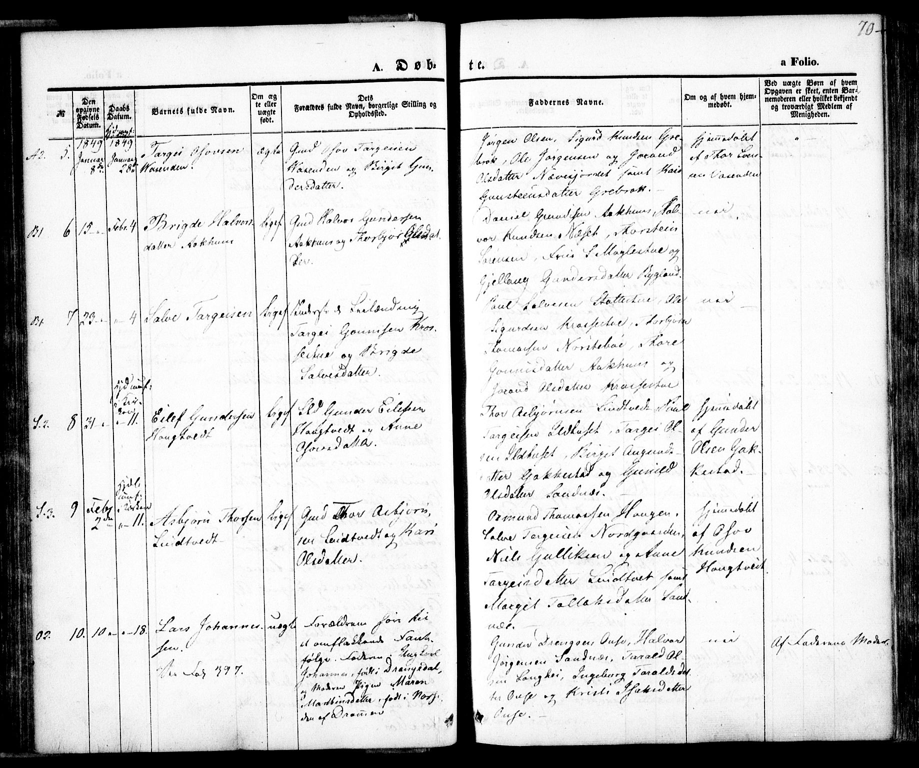 Bygland sokneprestkontor, AV/SAK-1111-0006/F/Fa/Fab/L0004: Ministerialbok nr. A 4, 1842-1858, s. 70