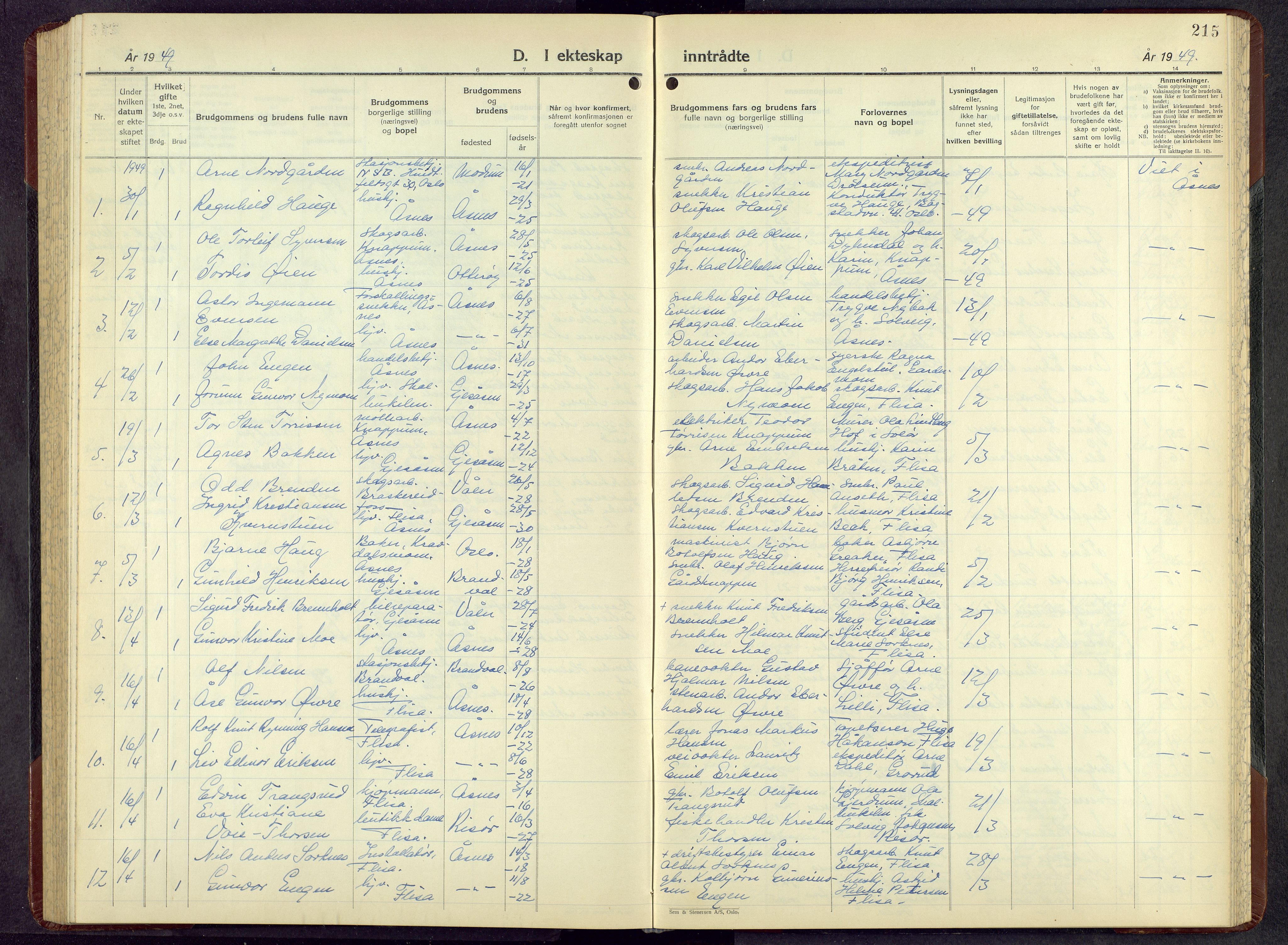 Åsnes prestekontor, AV/SAH-PREST-042/H/Ha/Hab/L0010: Klokkerbok nr. 10, 1941-1962, s. 215