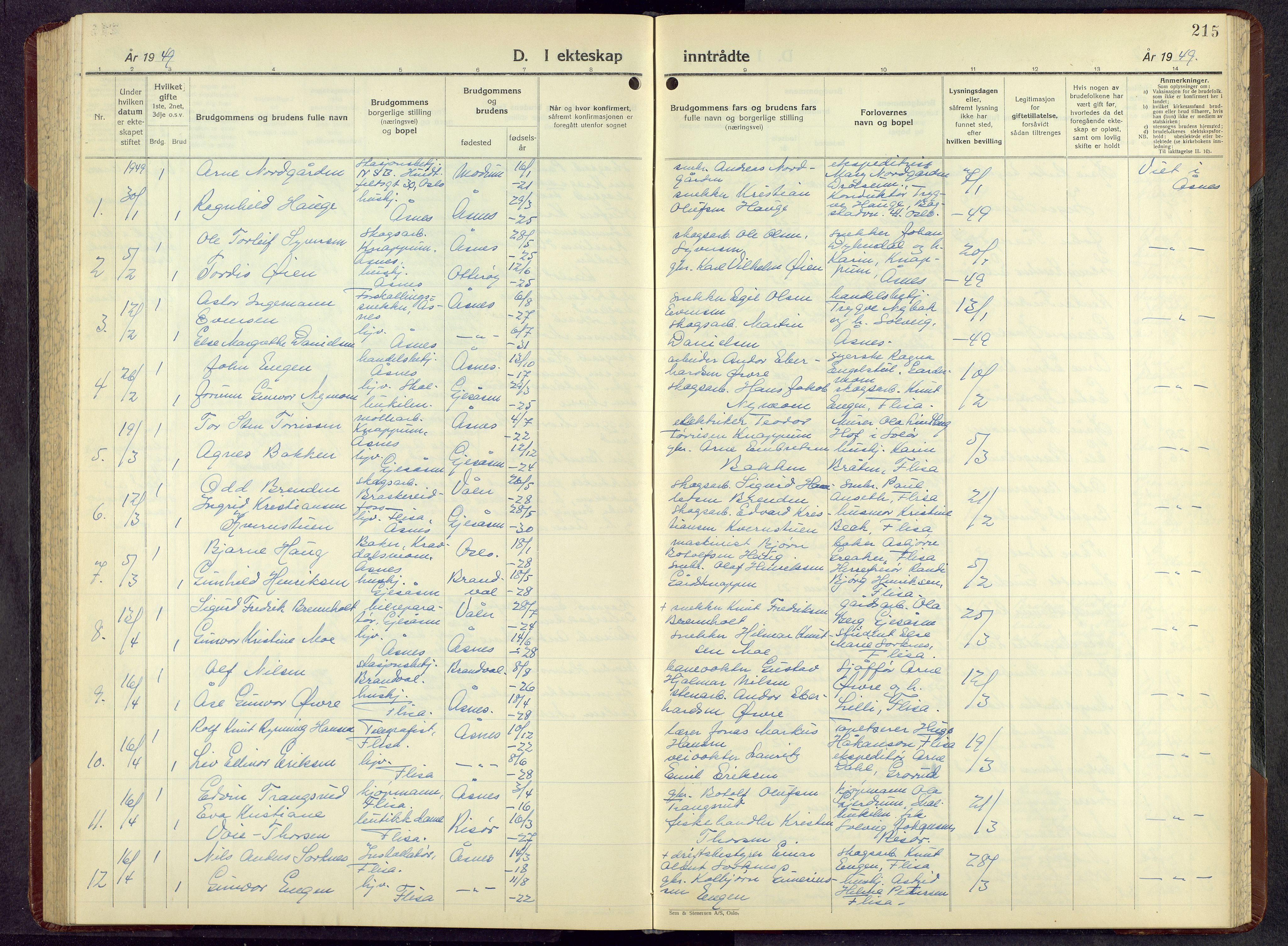 Åsnes prestekontor, SAH/PREST-042/H/Ha/Hab/L0010: Klokkerbok nr. 10, 1941-1962, s. 215