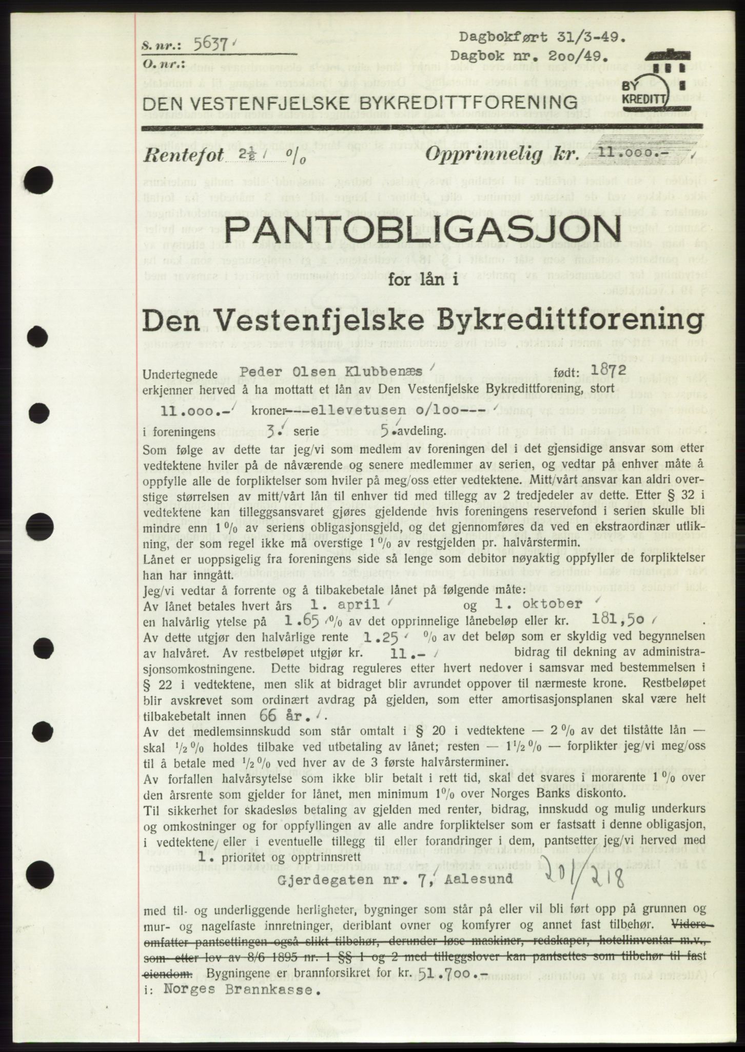 Ålesund byfogd, SAT/A-4384: Pantebok nr. B36-38, 1948-1950, Dagboknr: 200/1949
