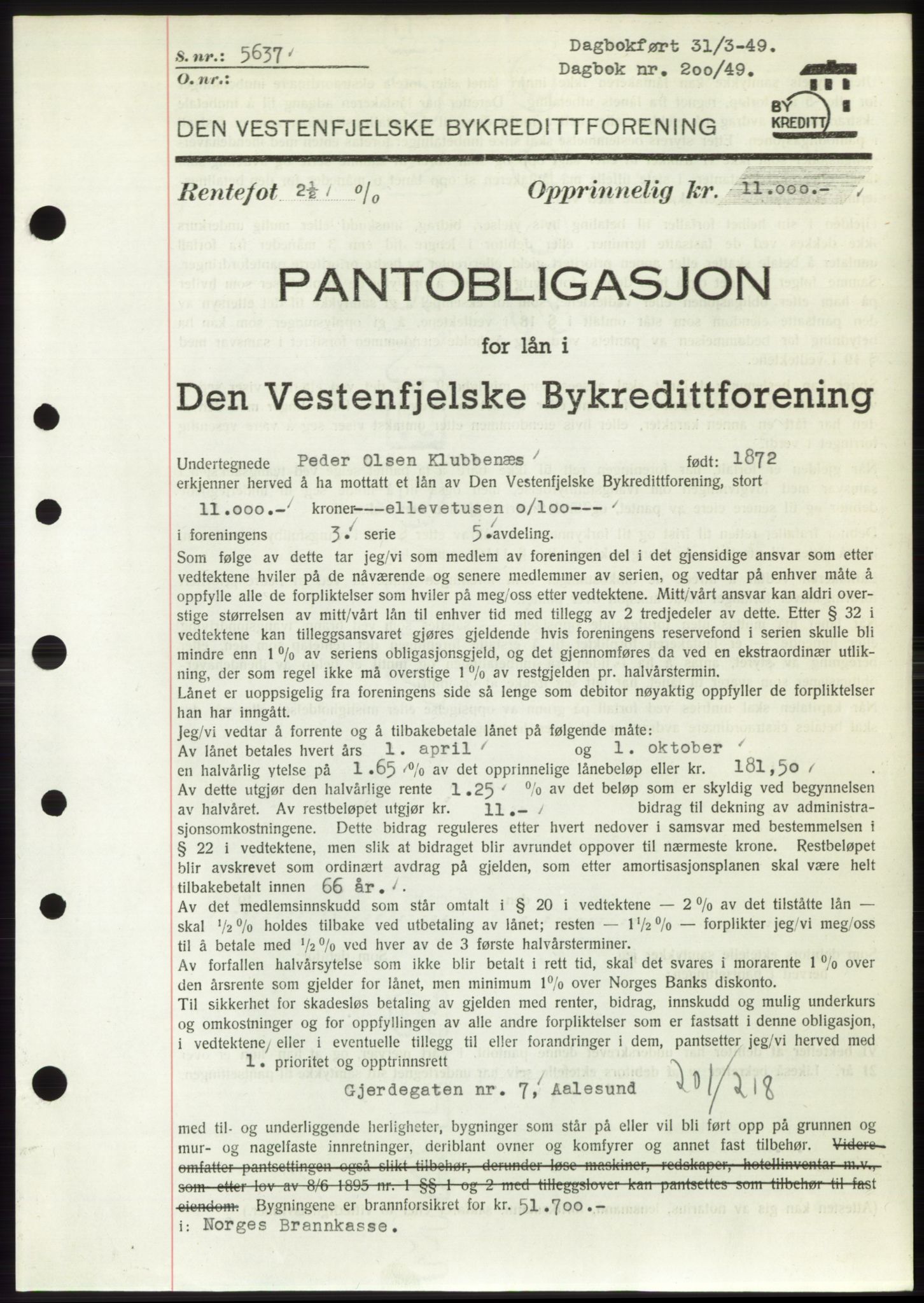 Ålesund byfogd, AV/SAT-A-4384: Pantebok nr. B36-38, 1948-1950, Dagboknr: 200/1949