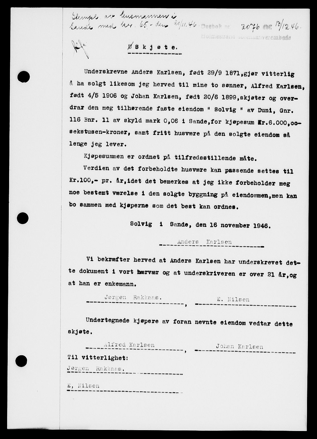 Holmestrand sorenskriveri, SAKO/A-67/G/Ga/Gaa/L0061: Pantebok nr. A-61, 1946-1947, Dagboknr: 2076/1946