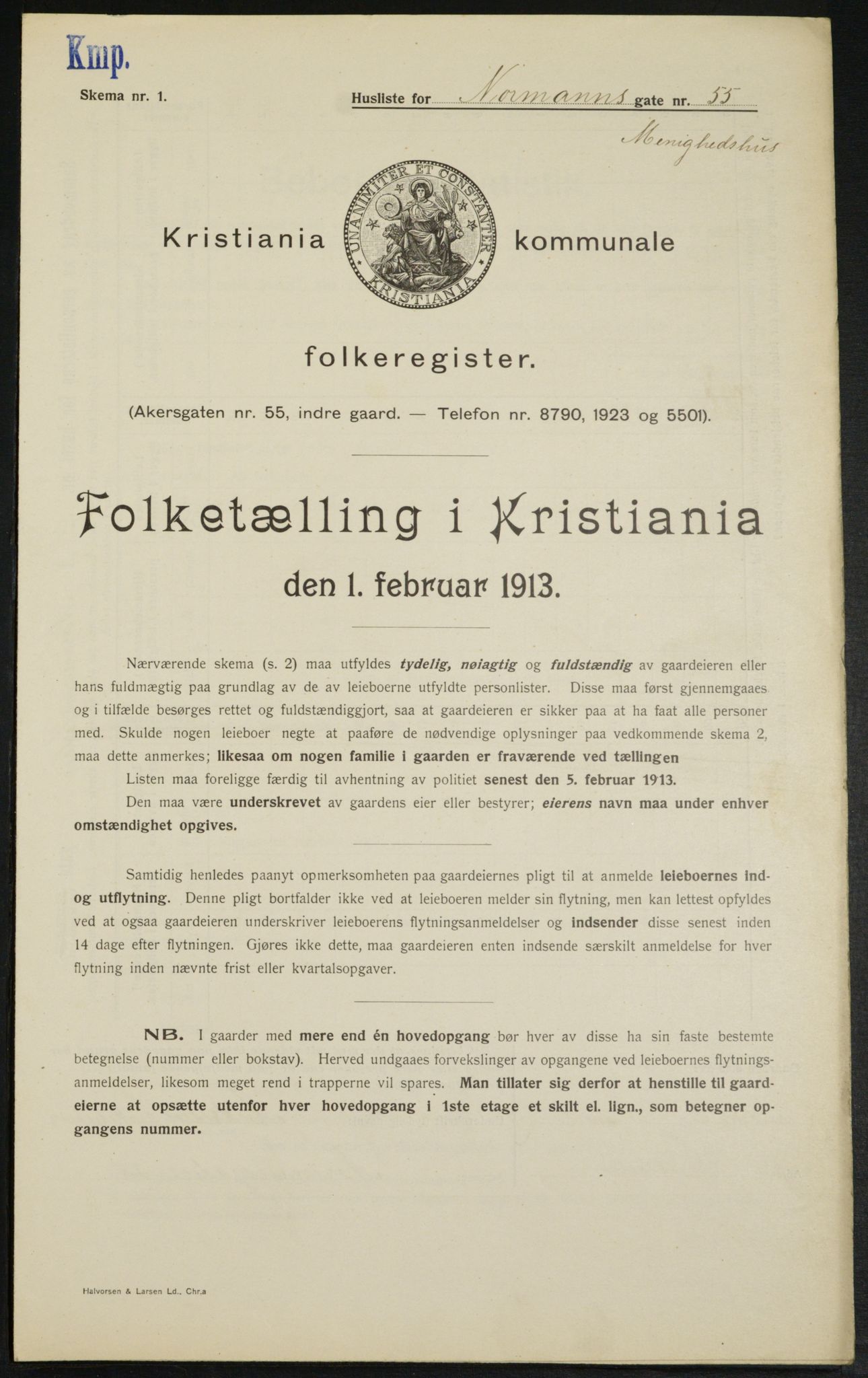 OBA, Kommunal folketelling 1.2.1913 for Kristiania, 1913, s. 74001