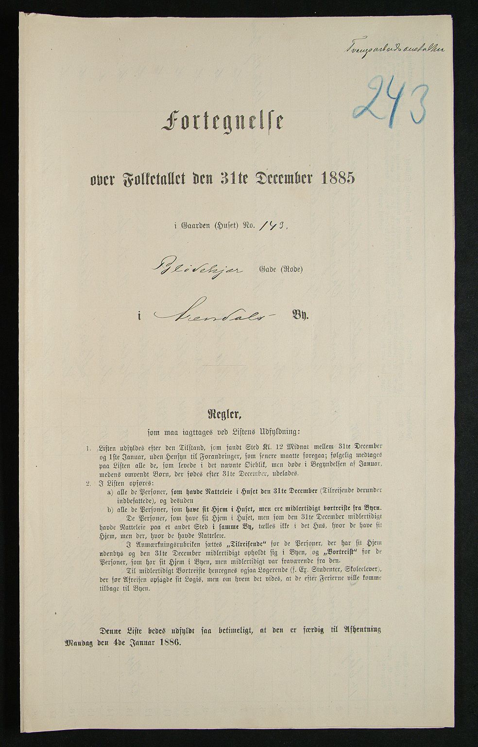 SAK, Folketelling 1885 for 0903 Arendal kjøpstad, 1885, s. 243