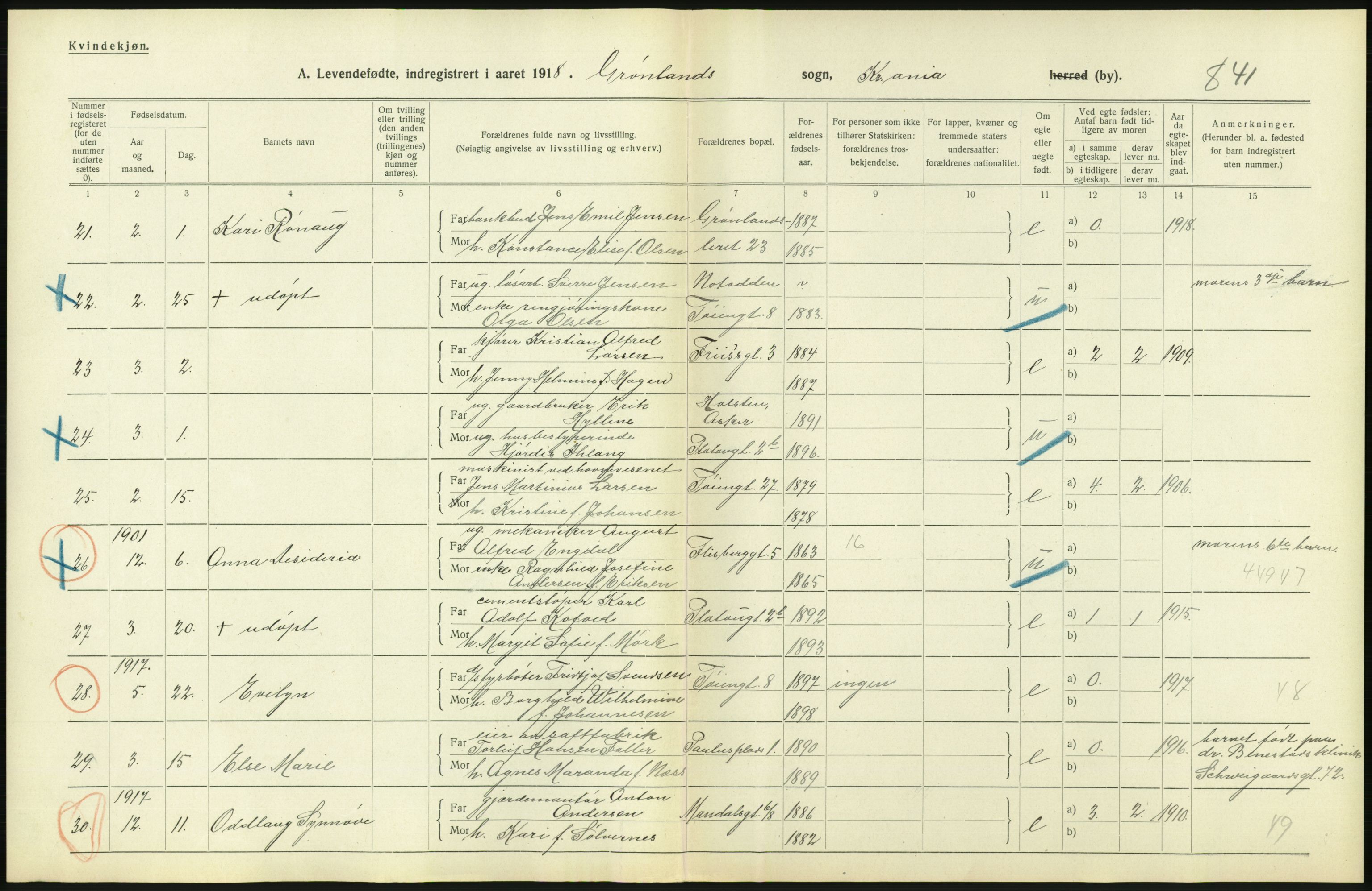 Statistisk sentralbyrå, Sosiodemografiske emner, Befolkning, RA/S-2228/D/Df/Dfb/Dfbh/L0007: Kristiania: Levendefødte menn og kvinner., 1918, s. 176