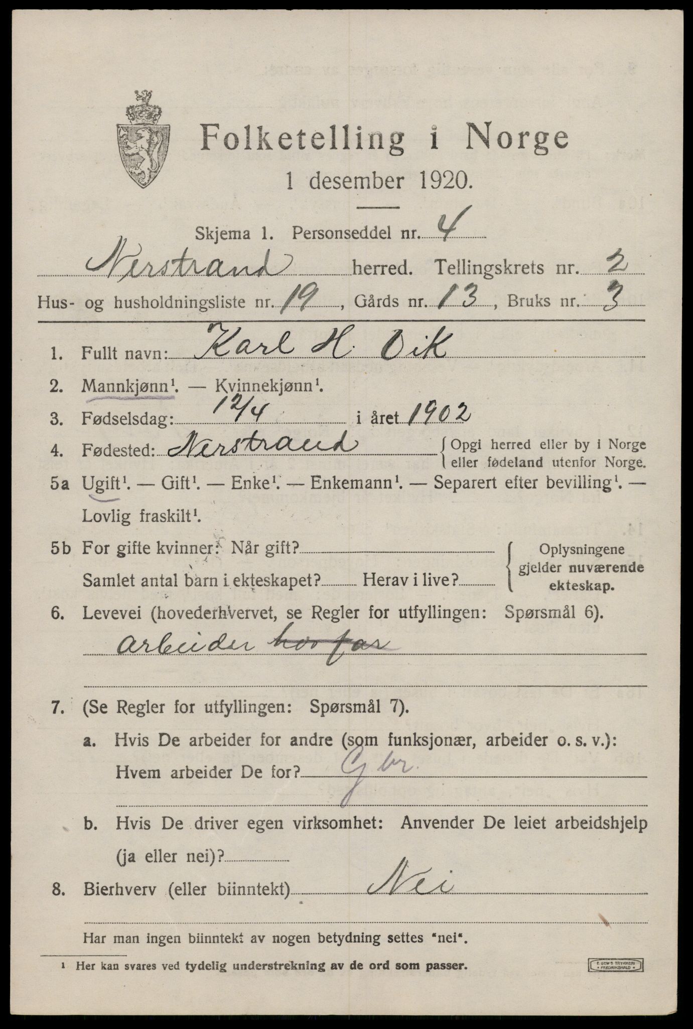 SAST, Folketelling 1920 for 1139 Nedstrand herred, 1920, s. 1177