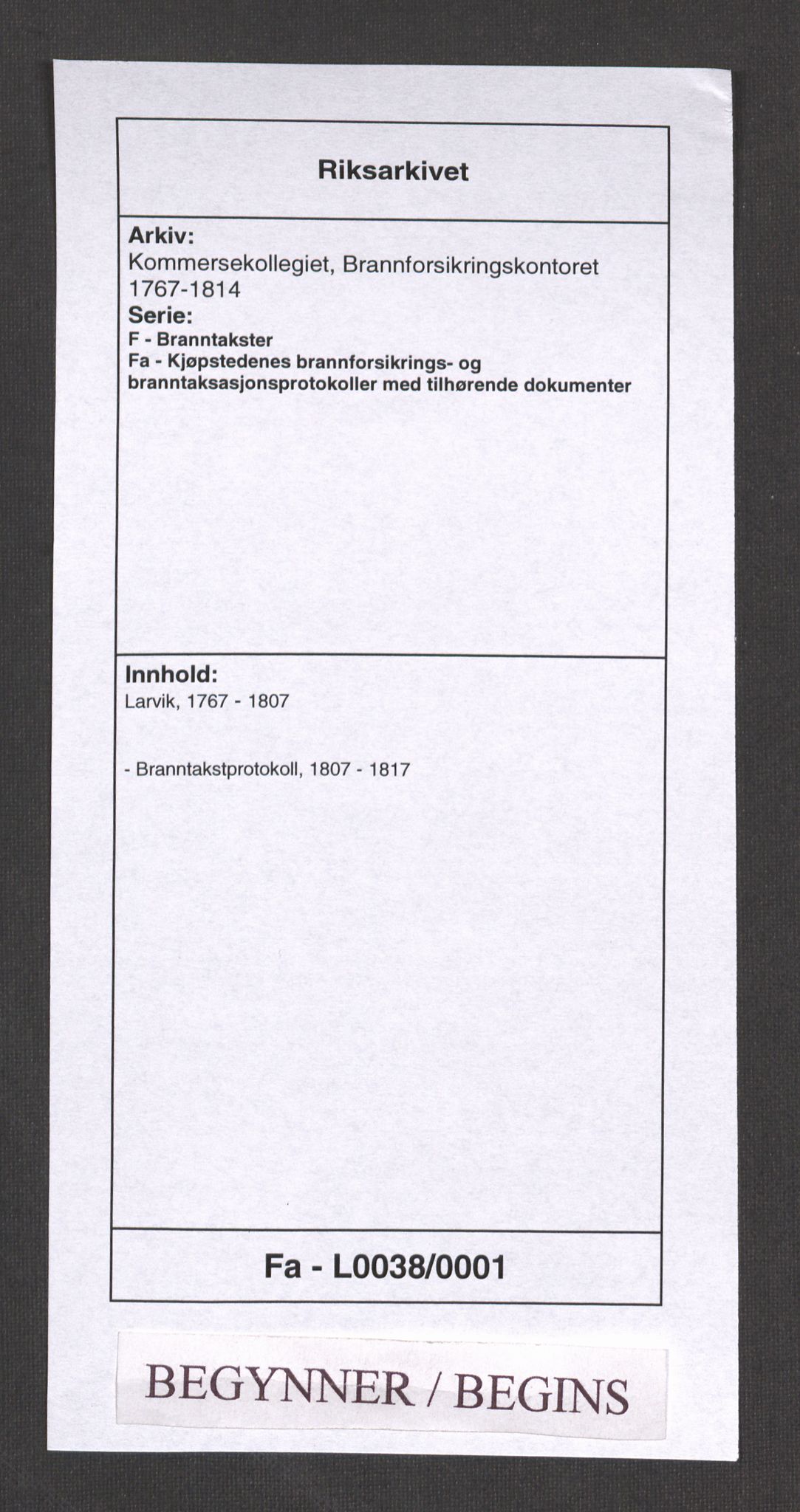 Kommersekollegiet, Brannforsikringskontoret 1767-1814, RA/EA-5458/F/Fa/L0038/0001: Larvik / Branntakstprotokoll, 1807-1817