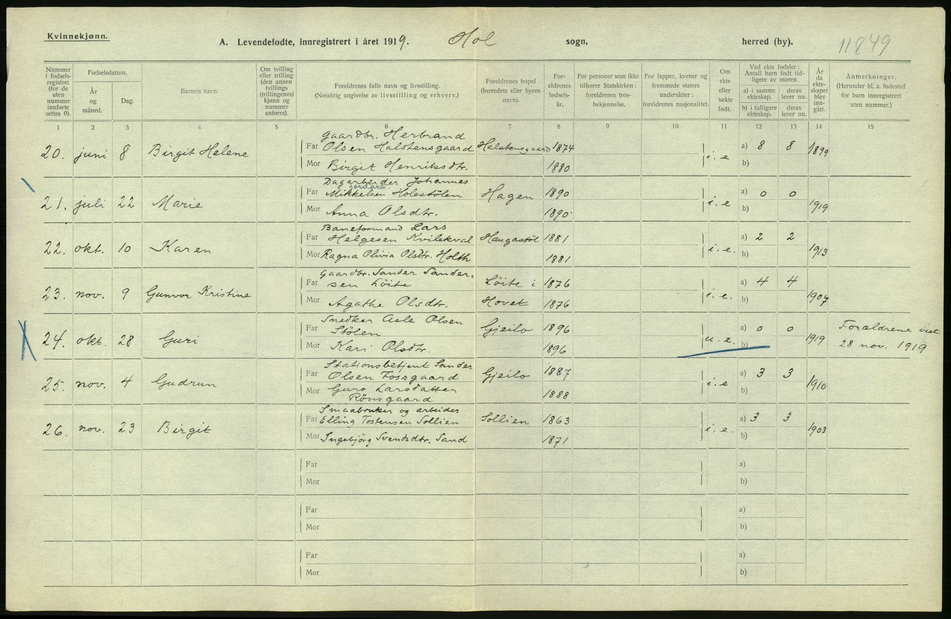 Statistisk sentralbyrå, Sosiodemografiske emner, Befolkning, RA/S-2228/D/Df/Dfb/Dfbi/L0016: Buskerud fylke: Levendefødte menn og kvinner. Bygder., 1919, s. 194