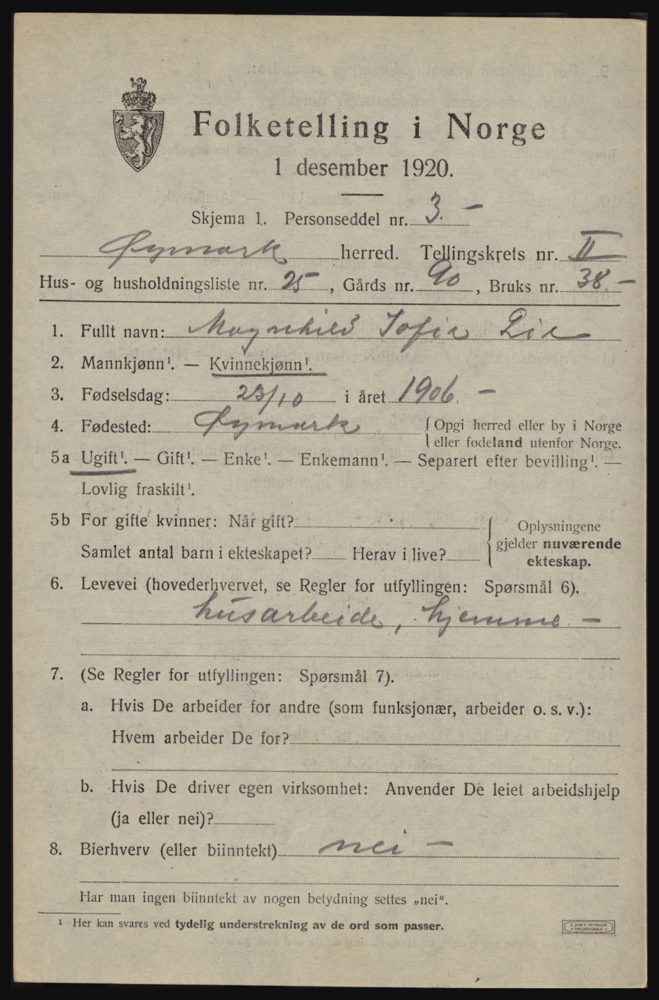SAO, Folketelling 1920 for 0119 Øymark herred, 1920, s. 1485