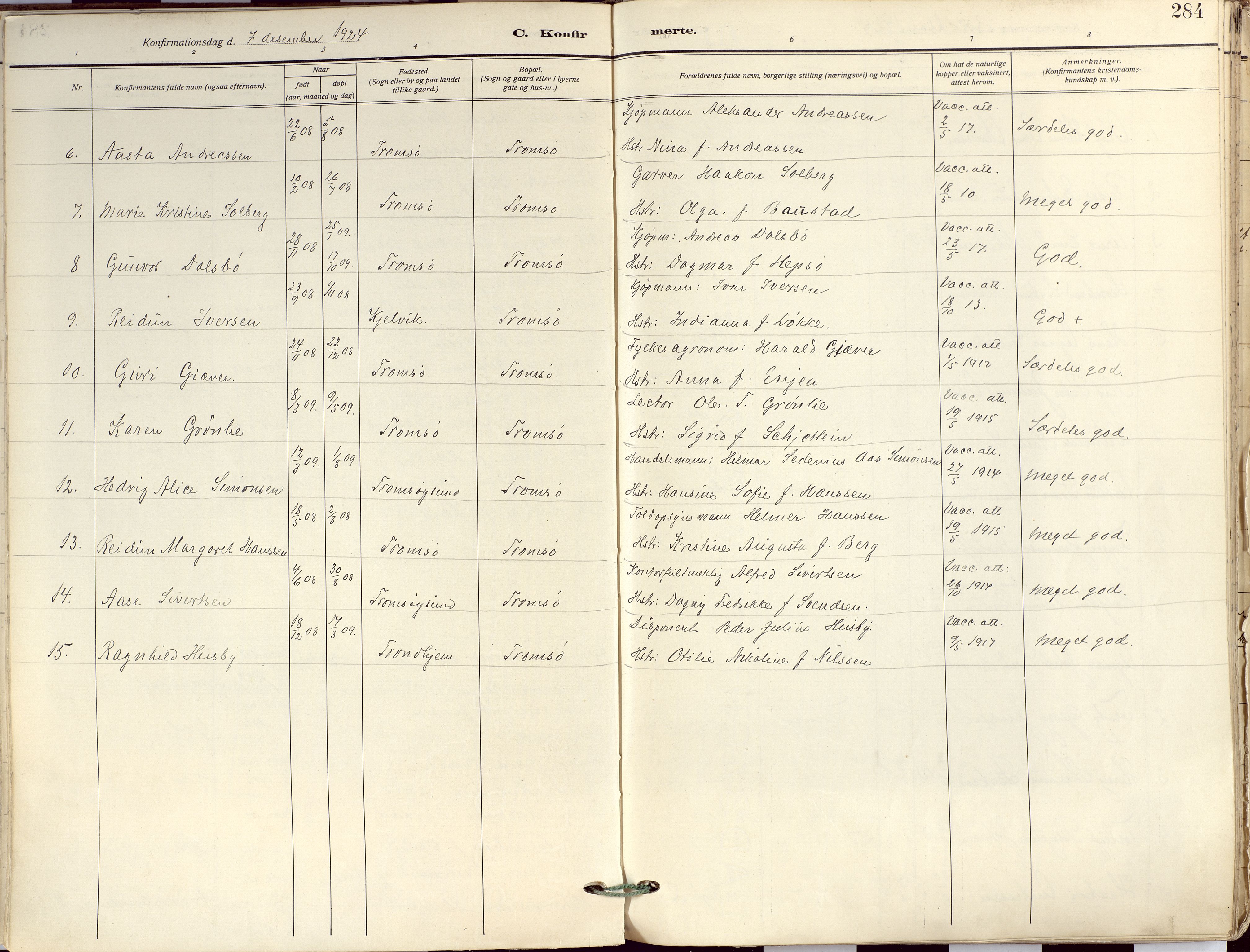 Tromsø sokneprestkontor/stiftsprosti/domprosti, AV/SATØ-S-1343/G/Ga/L0019kirke: Ministerialbok nr. 19, 1917-1927, s. 284
