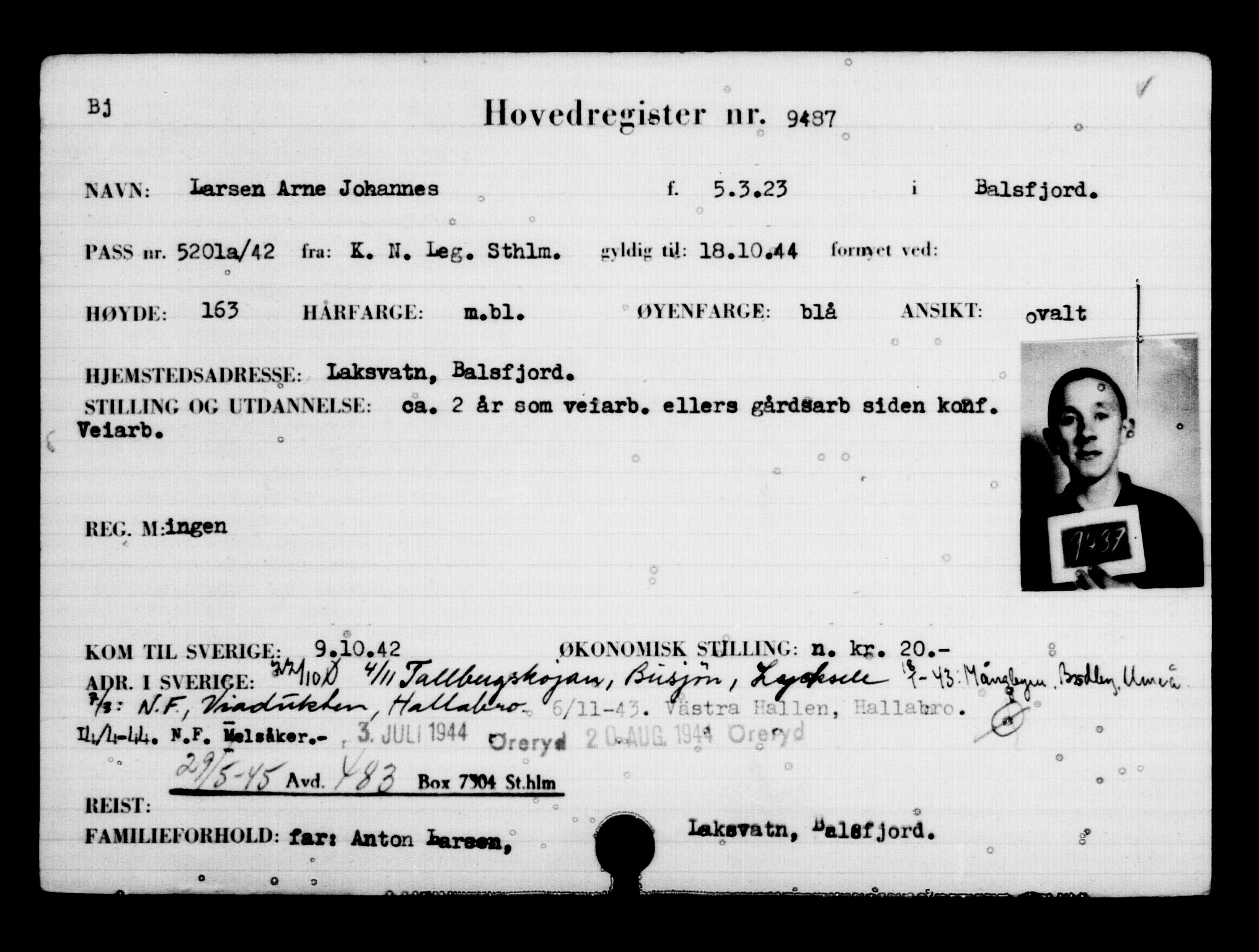 Utenriksstasjonene, Legasjonen i Stockholm, Flyktningkontoret, AV/RA-S-6753/V/Va/L0006: Kjesäterkartoteket, flyktninger med registreringsnr. 9400-12711, 1940-1945, s. 94