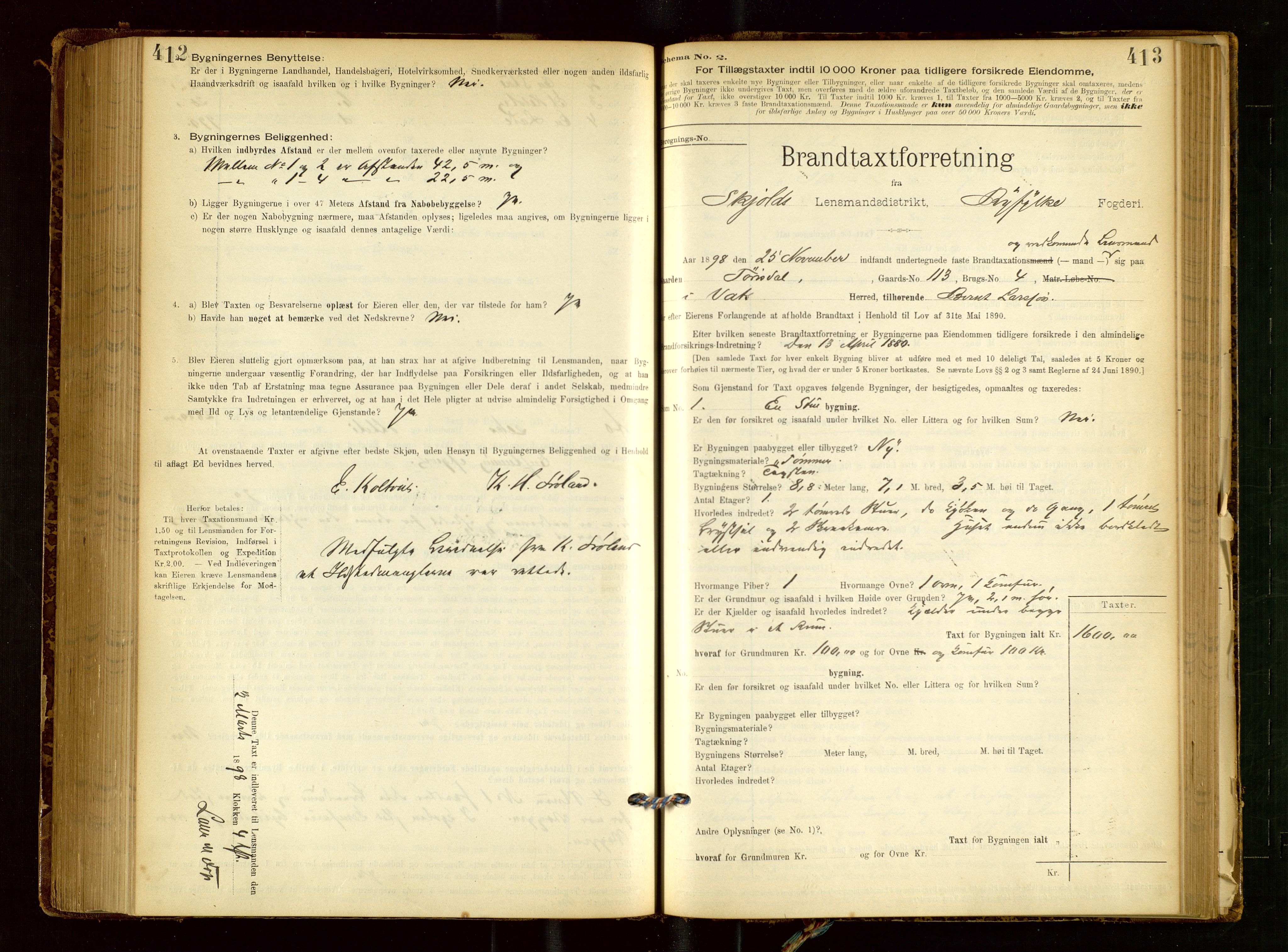 Skjold lensmannskontor, AV/SAST-A-100182/Gob/L0001: "Brandtaxationsprotokol for Skjold Lensmandsdistrikt Ryfylke Fogderi", 1894-1939, s. 412-413