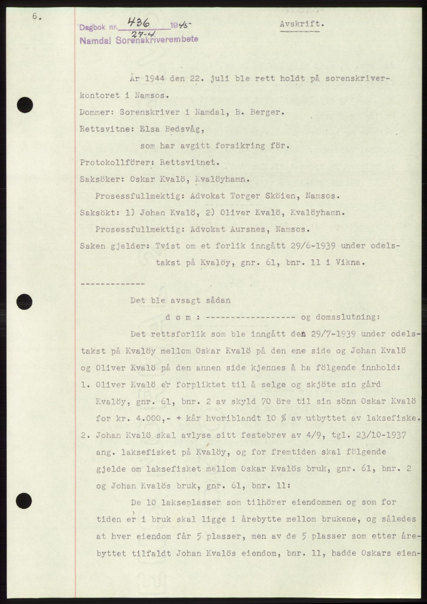 Namdal sorenskriveri, SAT/A-4133/1/2/2C: Pantebok nr. -, 1944-1945, Dagboknr: 436/1945