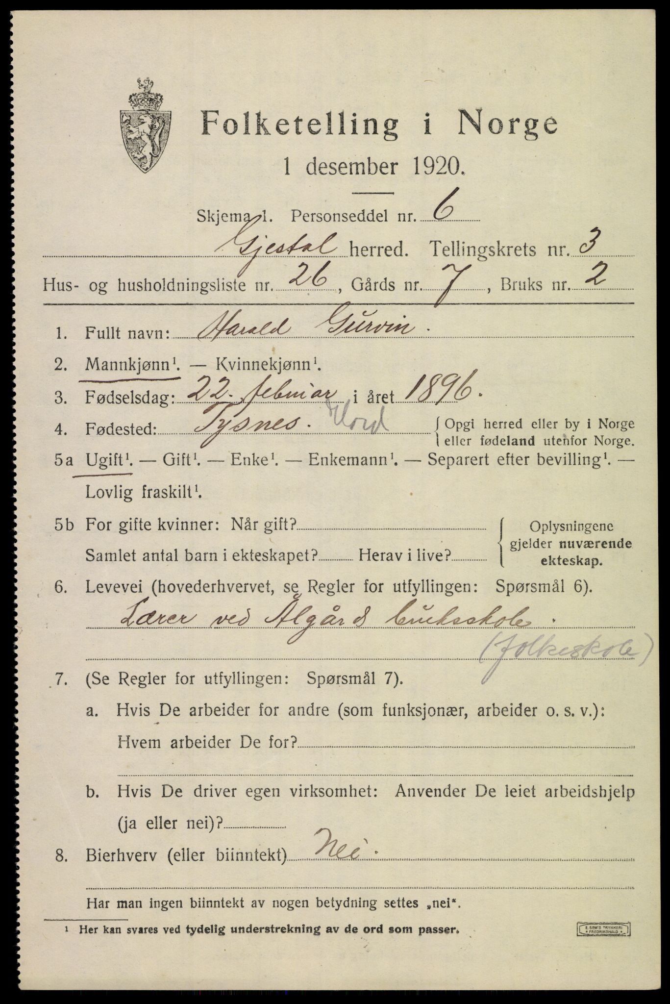 SAST, Folketelling 1920 for 1122 Gjesdal herred, 1920, s. 2516