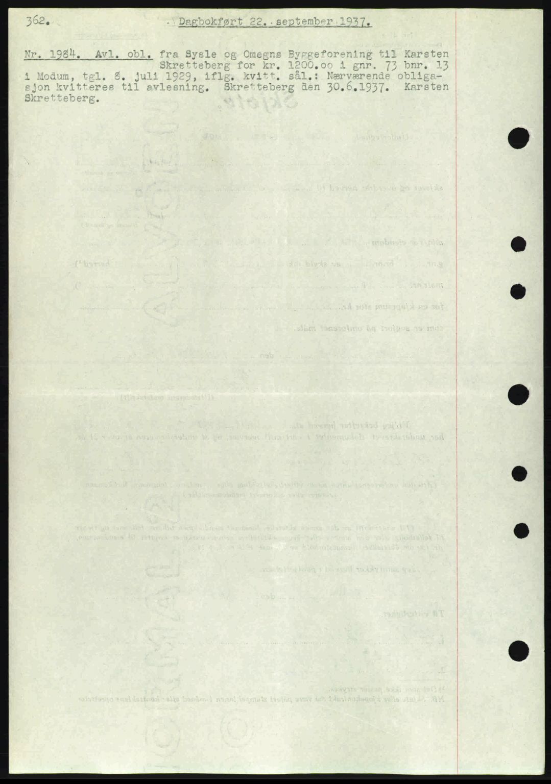 Eiker, Modum og Sigdal sorenskriveri, SAKO/A-123/G/Ga/Gab/L0036: Pantebok nr. A6, 1937-1937, Dagboknr: 1984/1937