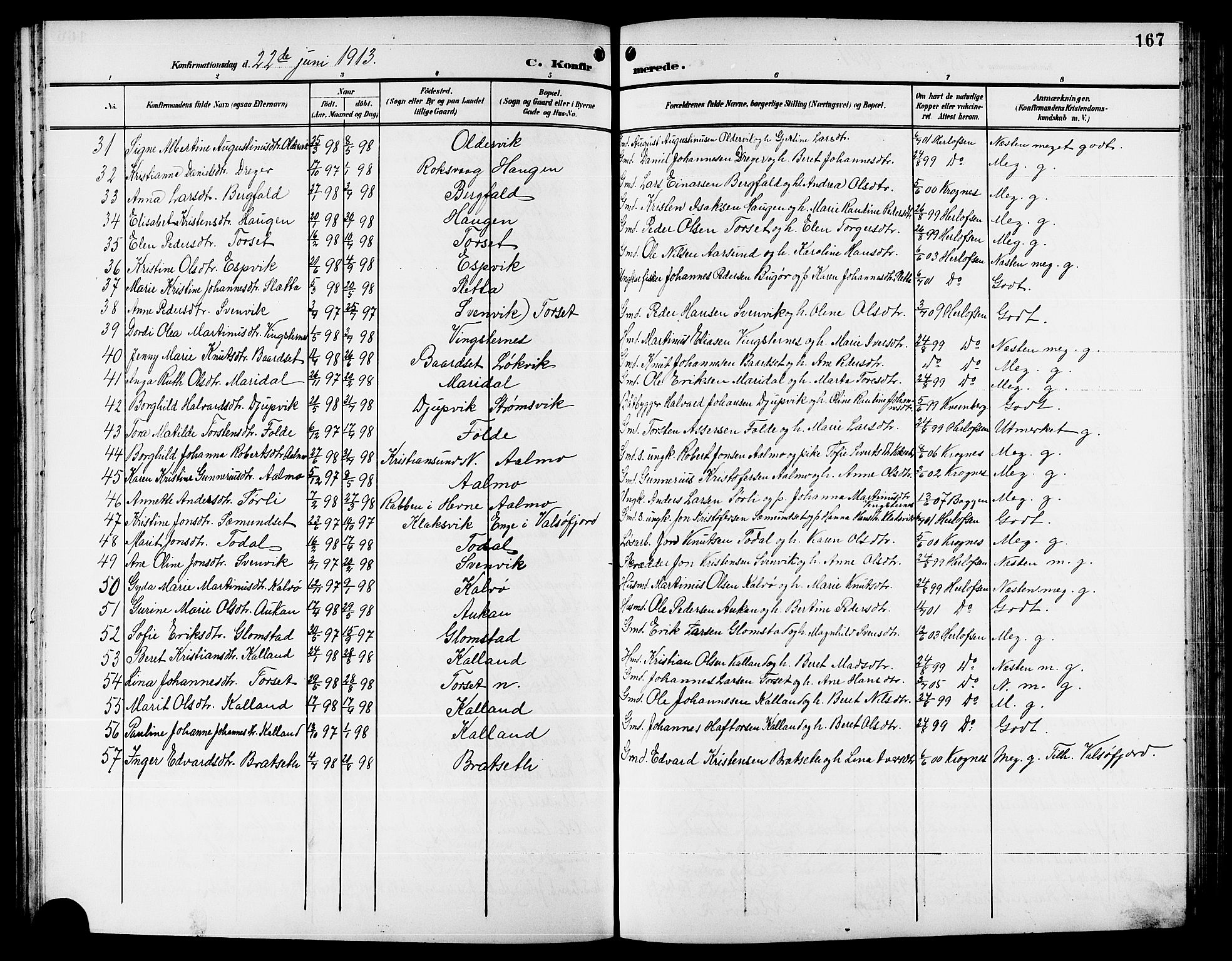 Ministerialprotokoller, klokkerbøker og fødselsregistre - Møre og Romsdal, AV/SAT-A-1454/578/L0910: Klokkerbok nr. 578C03, 1900-1921, s. 167