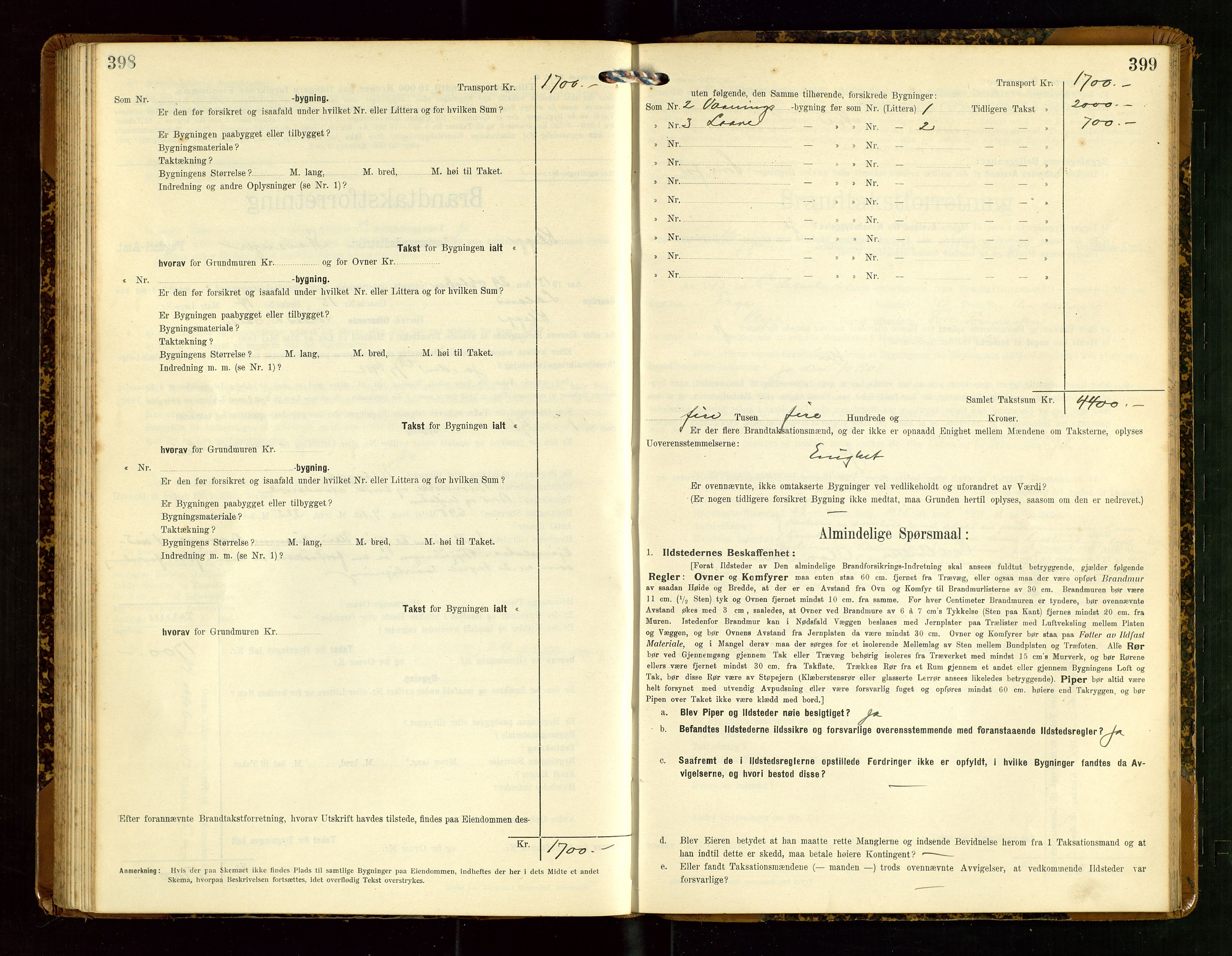 Klepp lensmannskontor, AV/SAST-A-100163/Goc/L0007: "Brandtaxationsprotokol" m/register, 1911-1915, s. 398-399