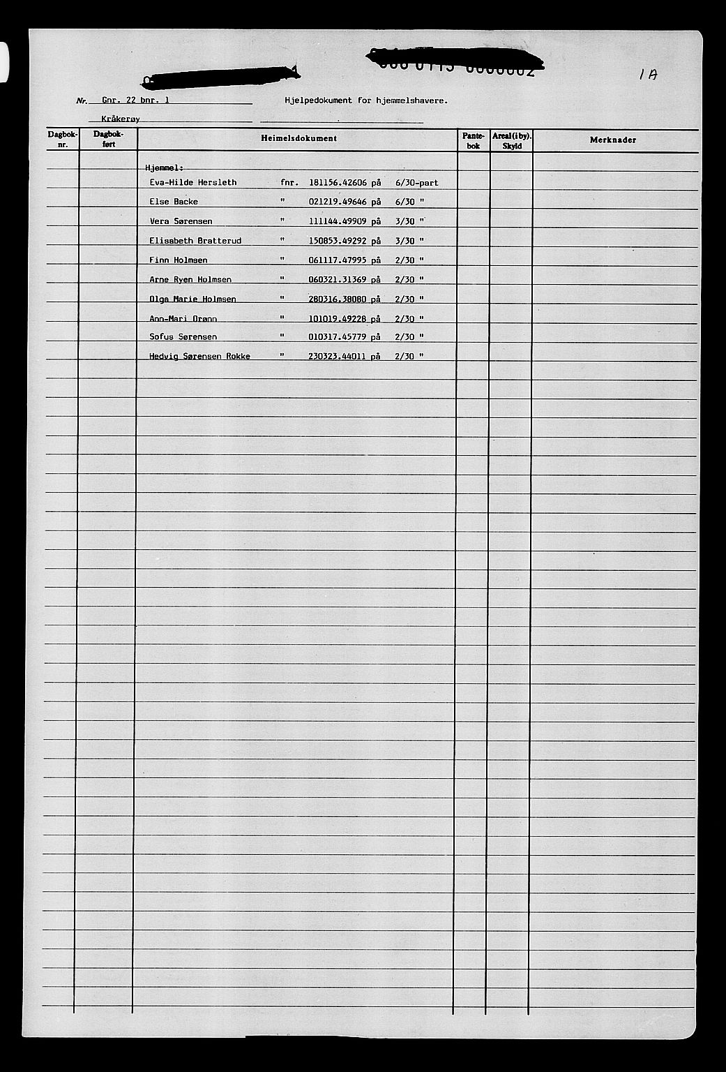 SAO, Fredrikstad tingrett, TINGLYSING, Grunnboksblader: Grunnboksblader for Kråkerøy kommune pr. 1991, gnr 22, bnr 1