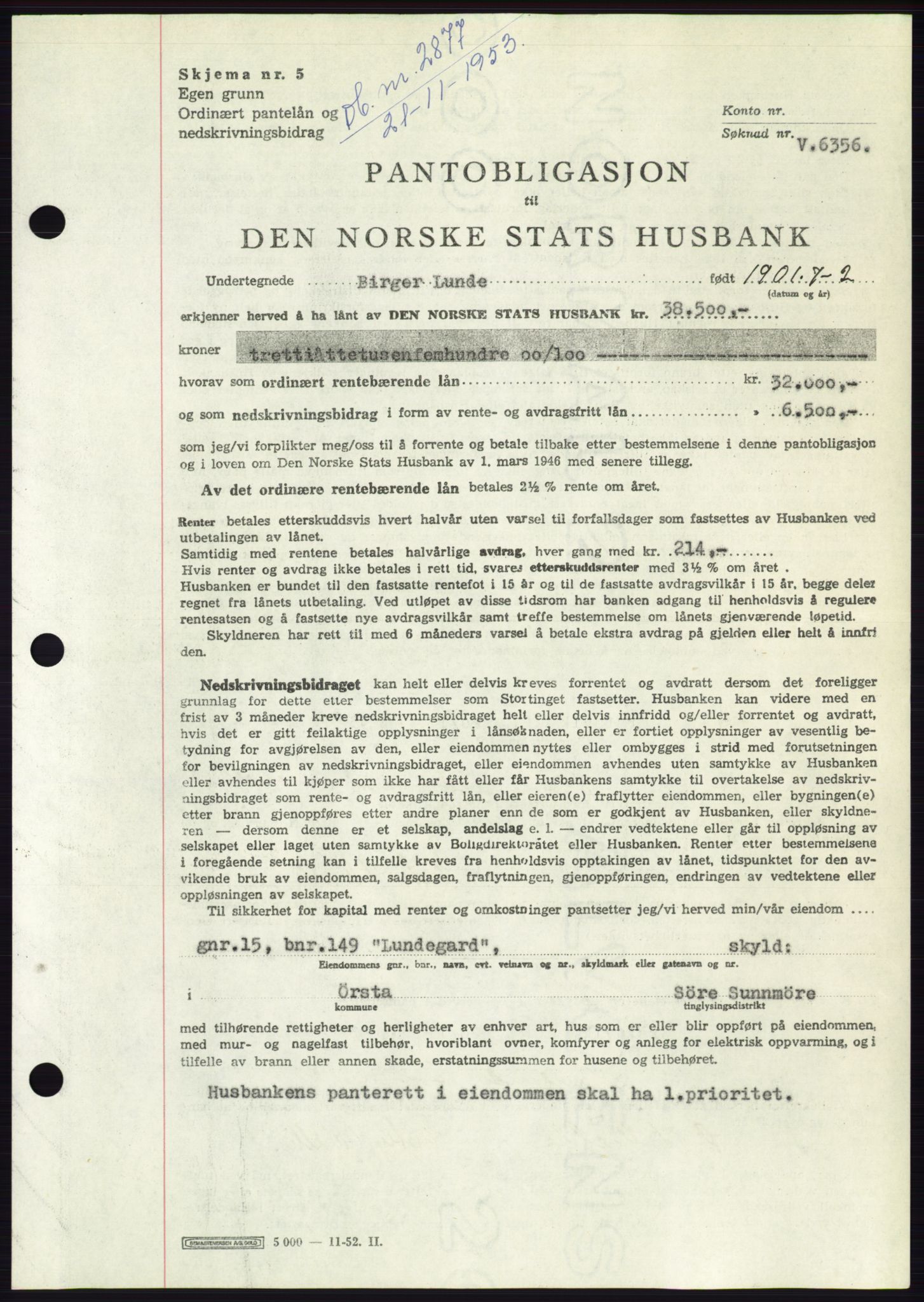 Søre Sunnmøre sorenskriveri, SAT/A-4122/1/2/2C/L0124: Pantebok nr. 12B, 1953-1954, Dagboknr: 2877/1953